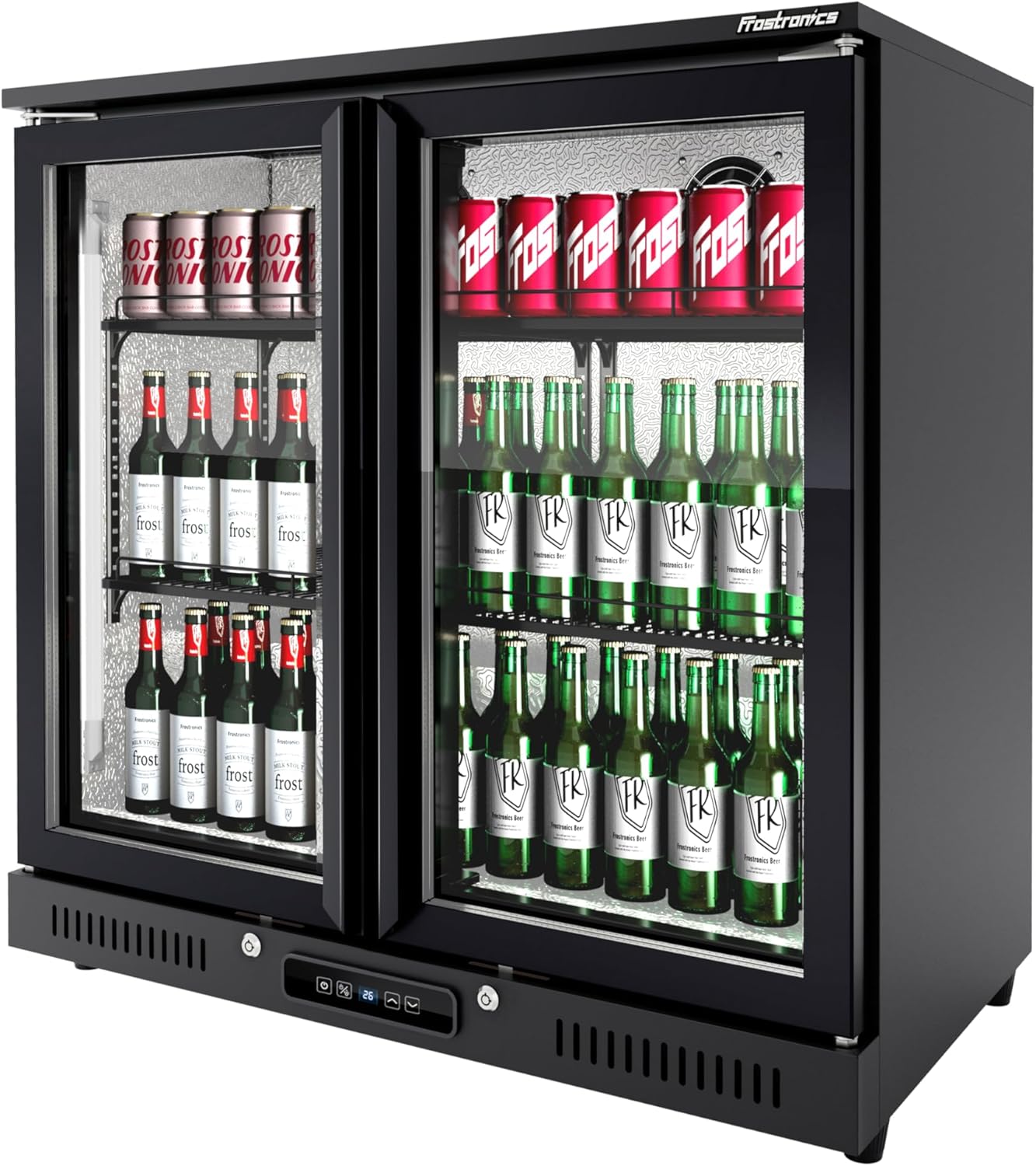 36 inch 206 cans Duo Hinged Door Back Bar Beverage Cooler, 6.75 cu. ft. Under Counter Glass Door Bar Fridge with hinged doors, lockable, 32-50°F Display Refrigerator, ETL Certified, Black