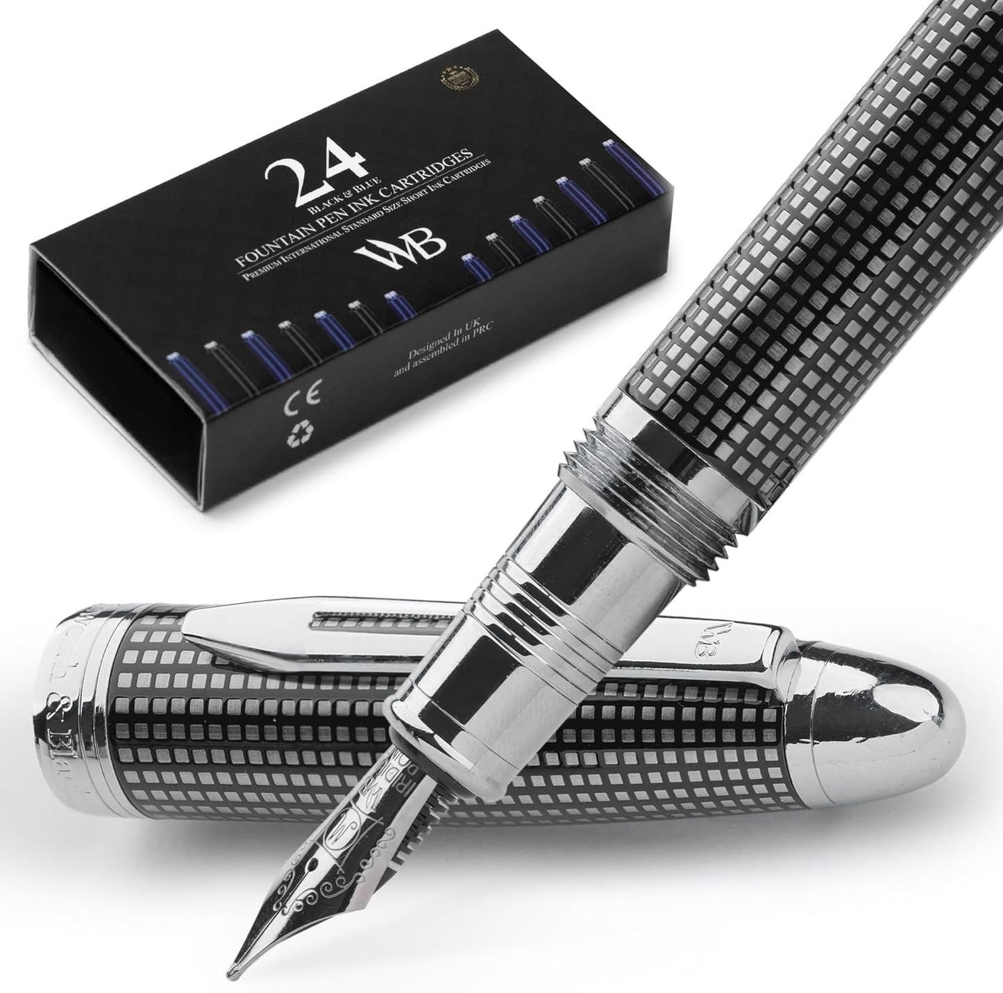 Wordsworth & Black Majesti Fountain Pen-(Black Checked), Luxury Case, Stainless Steel; Medium Nib- Ink Cartridges, Refillable Ink Converter-Calligraphy Pen-Best Business Gift Set for Men & Women