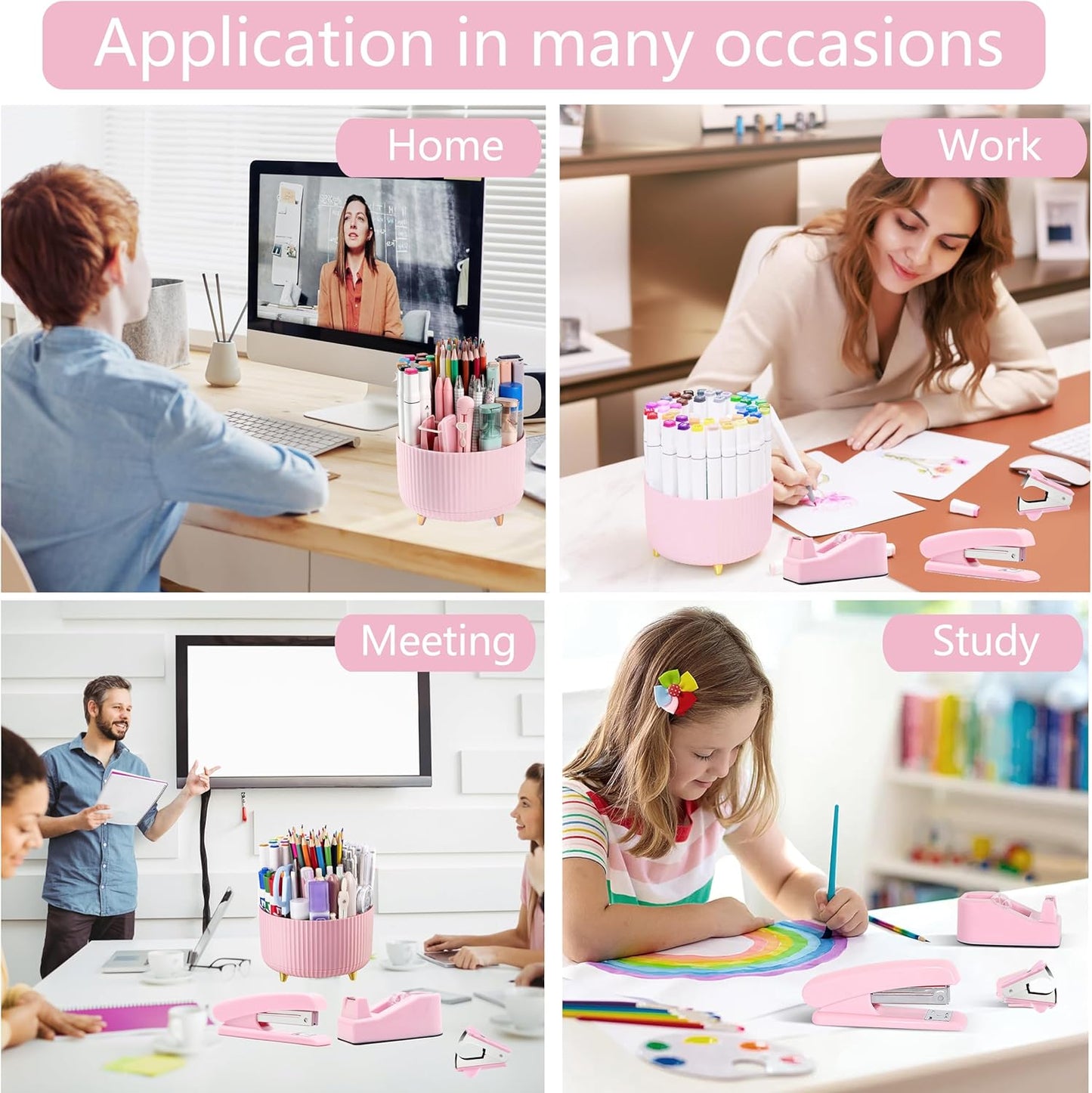 Pink Desk Accessories, Pink Office Supplies 360°Pen Holder Desk Organizers and Accessories with Tape Dispenser, Stapler, Staple Remover, 1000 Staples, Tape, Clips Set, Ruler, Scissor, Pen
