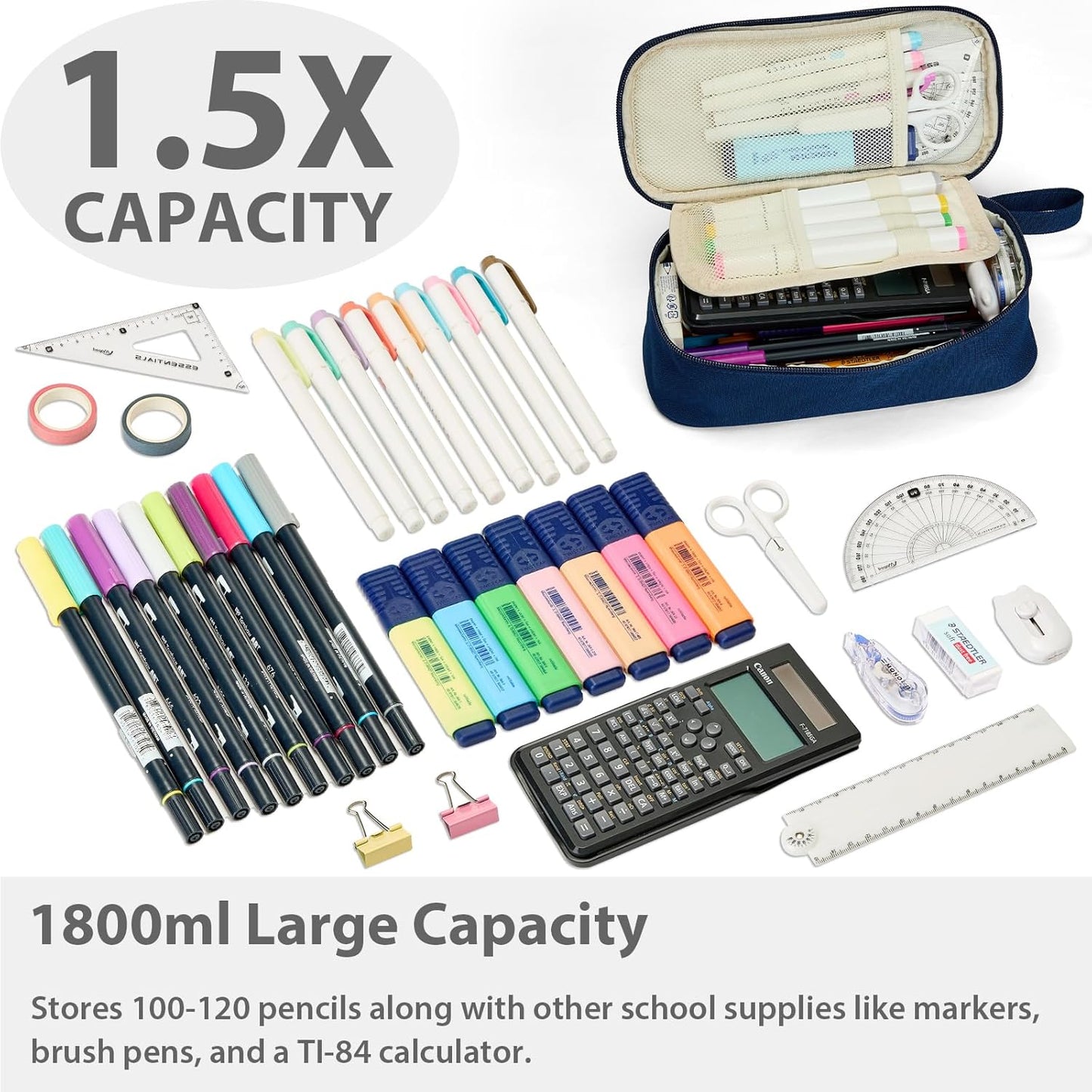 Pencil Case Pouch Box Bag School Supplies Girls Boys Kids, Cute Preppy Stuff Large Big Capacity Aesthetic Pen Organizer, Back to College Stationary, Midnight Blue, Standard Stlye, 1800ml