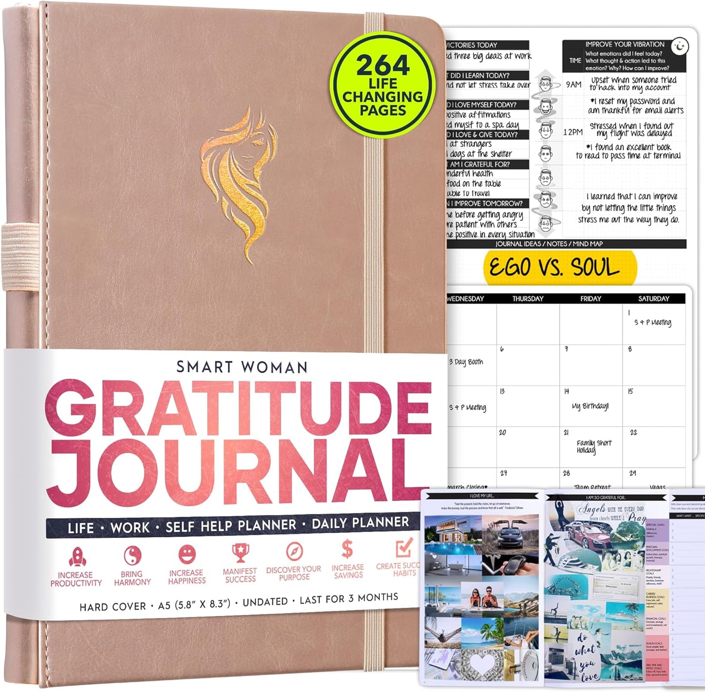 Gratitude Journal for Women & Men - 5 Minute Self Care Journal | 90-Day Undated Daily Planner for Positivity, Affirmations & Manifestation | Guided Mindfulness, Reflection | Vision Board + Stickers