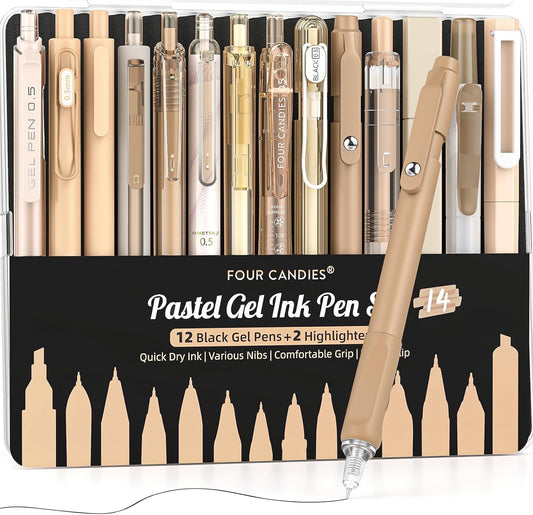 Four Candies 14Pack Pastel Gel Ink Pen Set,Cute Retractable 0.5mm Fine Point Pen,Note Taking Aesthetic Pens,12 Pack Black Ink Pens with 2Pack Highlighter, Smooth Writing Pens for School, Office(Brown)