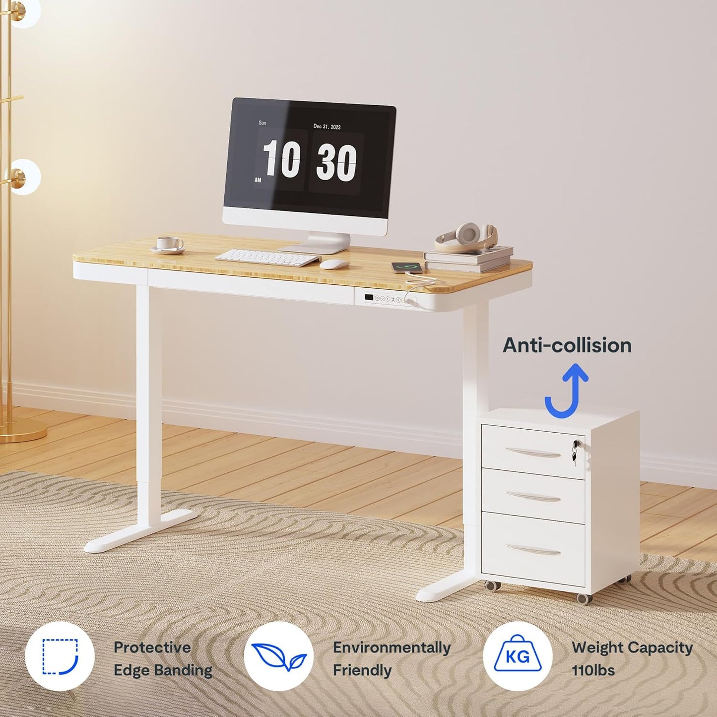 FLEXISPOT Comhar Electric Standing Desk with Drawer Desktop & Adjustable Frame w/USB Charge Ports (Bamboo Texture/White, Wood)