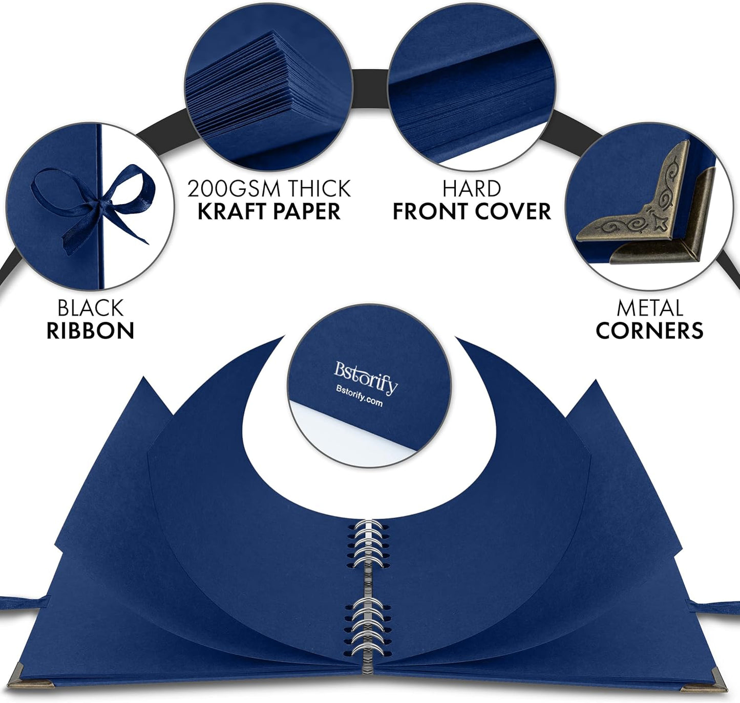 Bstorify Square Scrapbook Photo Albums 7 x 7 Inch Blue Hardcover with Ribbon Closure - Ideal for Scrapbooking, Art & Craft Projects