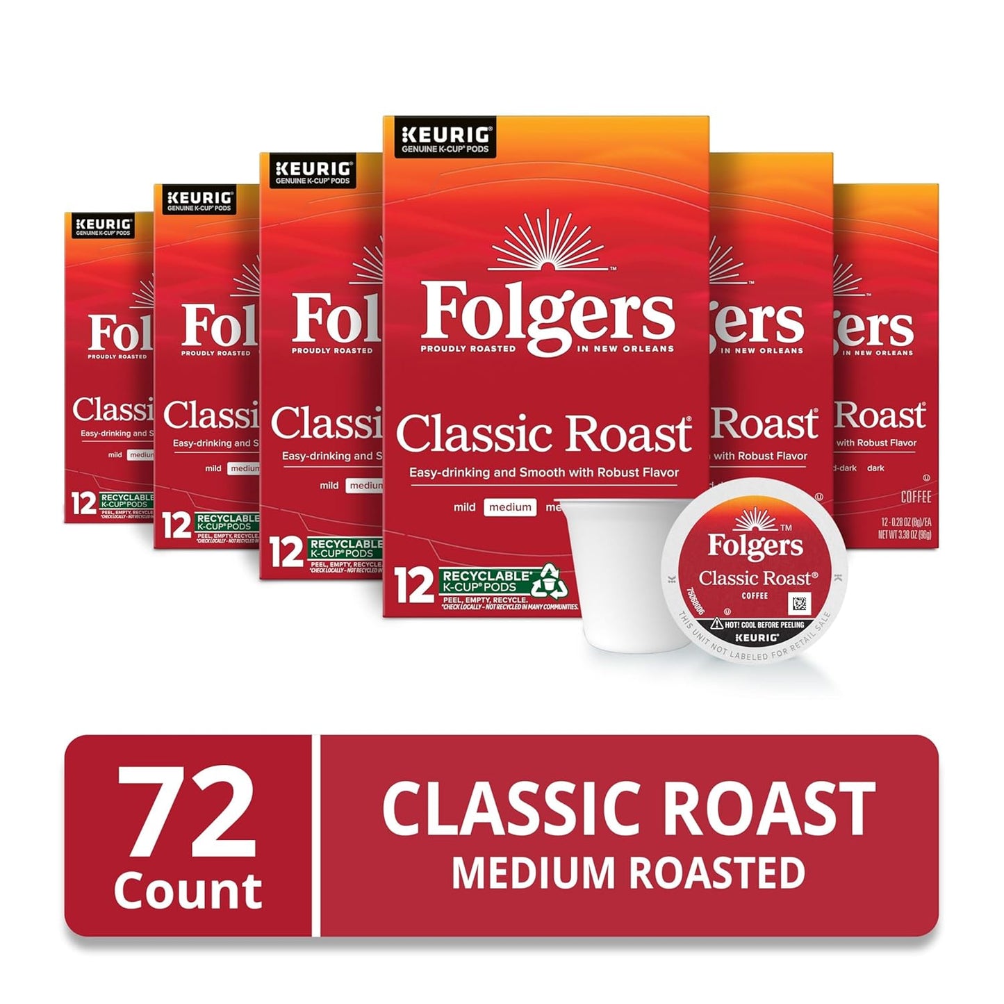 Folgers Classic Roast Medium Roast Coffee, 72 Keurig K-Cup Pods