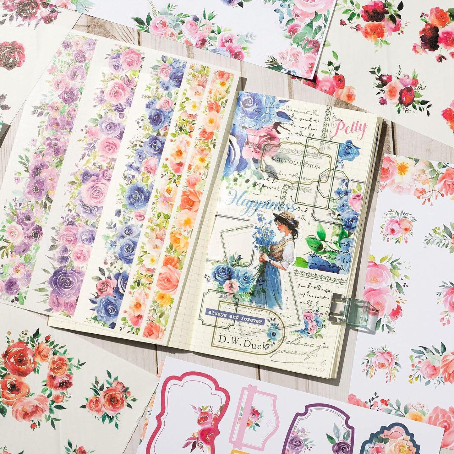 YagCu Vintage Watercolor Floral Sticker Book, Pre-Cut Stickers for Journaling, Assorted Washi Paper PET Materials, Junk Journal Supplies, Scrapbooking Crafts Arts