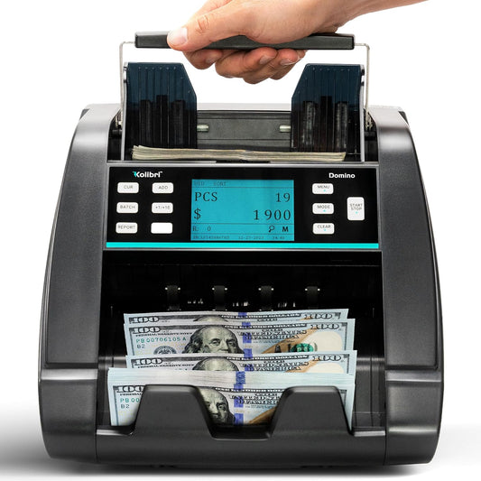 KOLIBRI Domino Money Counter Machine Mixed Denomination | Mixed Value Cash Counter Machine | 2 CIS UV/MG IR/MT SN/DV IRT Fake Detections Money Counting Machine | 3-Year Warranty (US Tech Support)