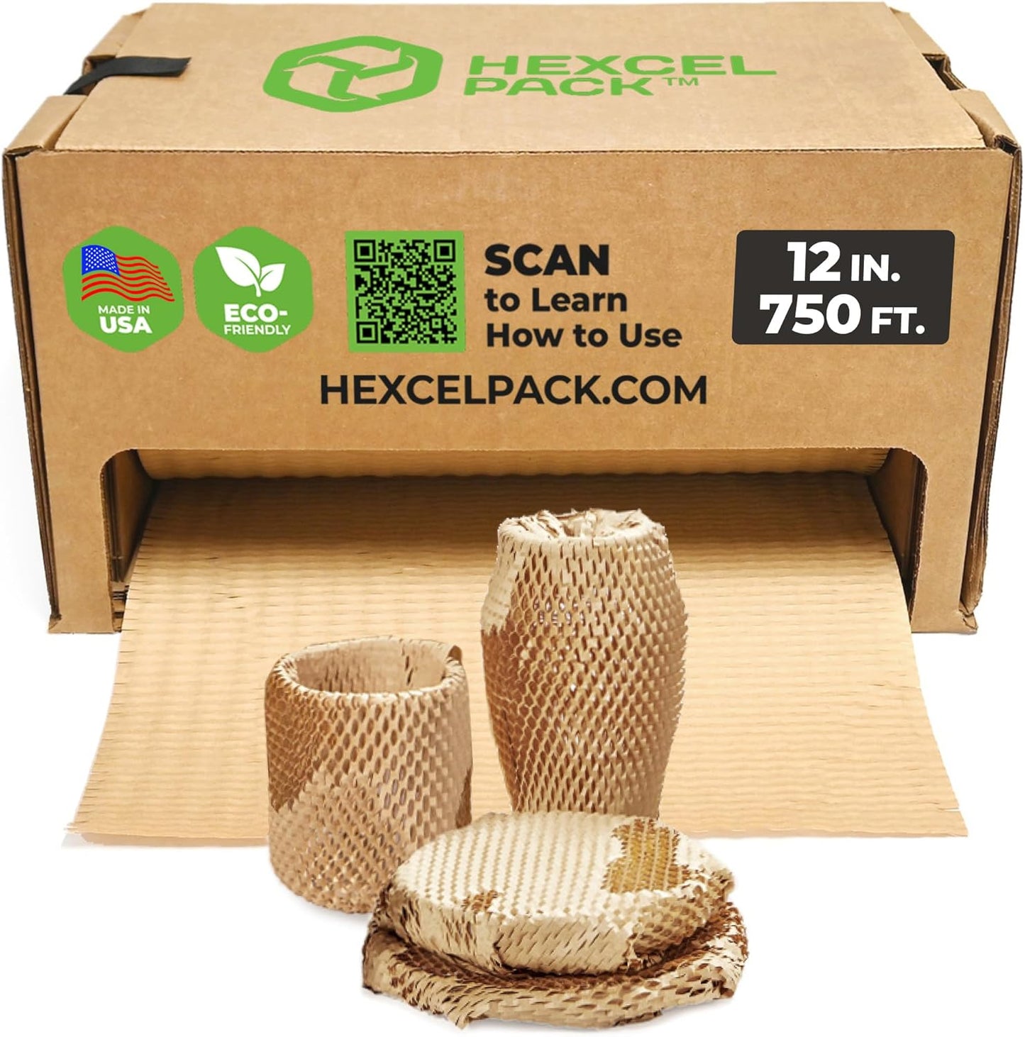 HexcelWrap Mini - Honeycomb Packing Paper, Eco-Friendly, Sustainable Paper Bubble Wrap for Shipping & Moving, Cushioned Packing Material in Easy Self-Dispenser Box - Natural, 12" x 750'