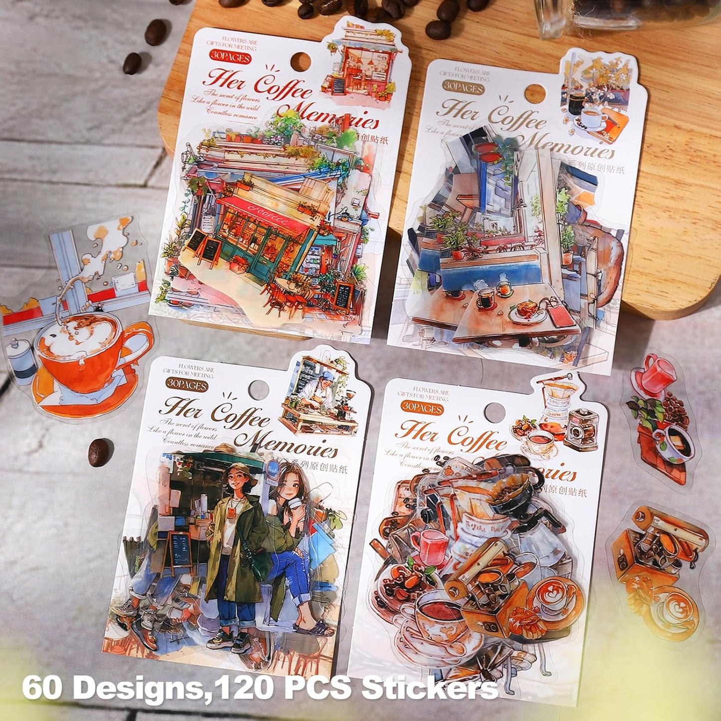 Coffee Memories PET Stickers, 120 PCS Vintage Cafe Scene Stickers for Scrapbook, Journals, Planners and DIY Craft Decoration