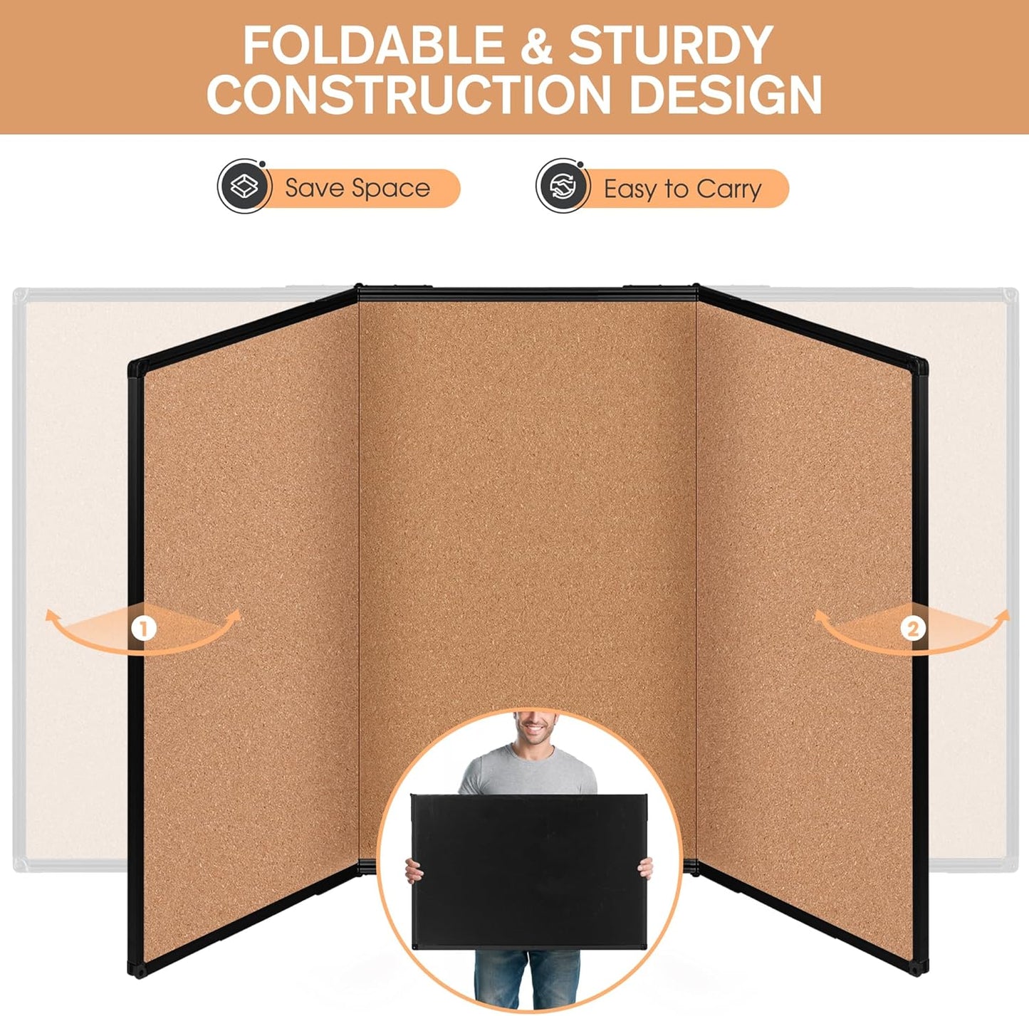 Board2by Extra Large Cork Bulletin Board 96" X 48", Foldable Notice Pin Board for Wall, Black Aluminum Framed 8'x4' Corkboard, Wall Mounted Noticeboard with 36 Push Pins for School, Home & Office