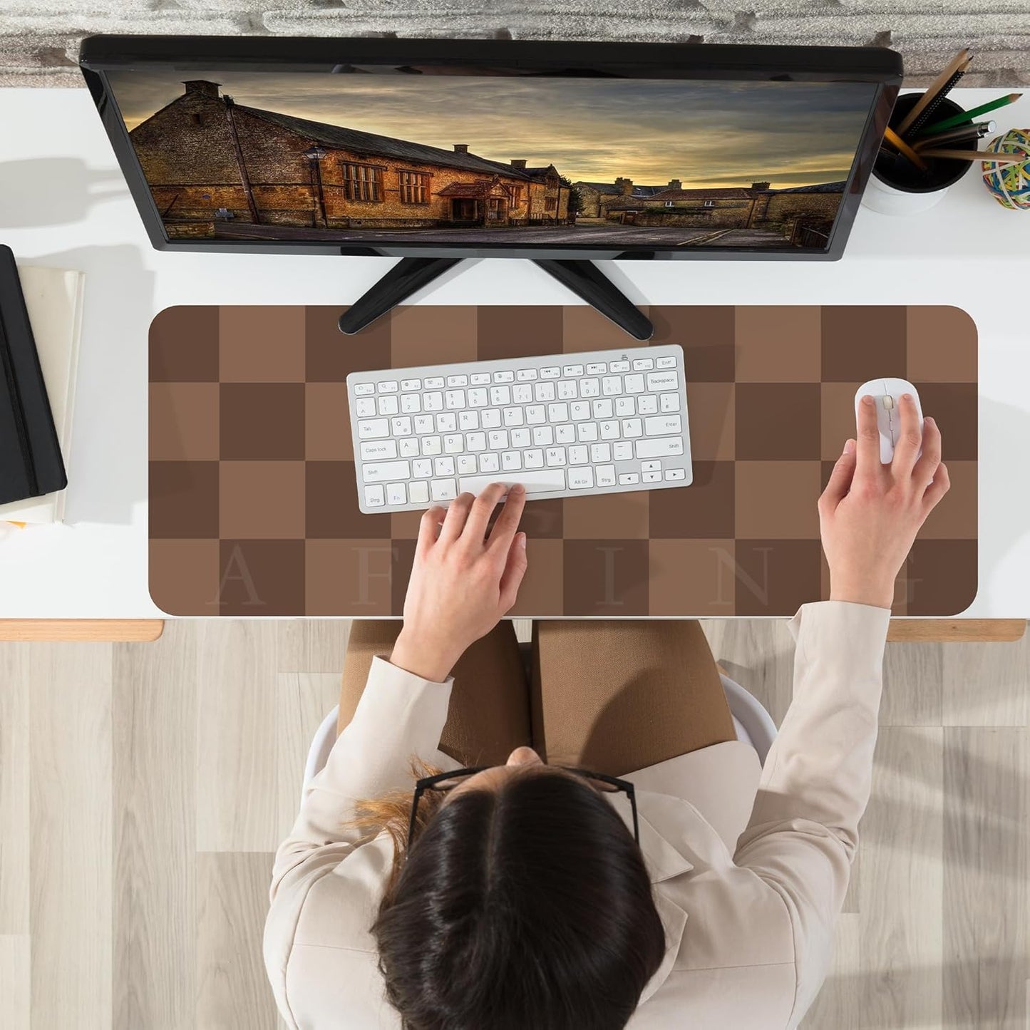 Non-Slip Checkered Desk Mat, Waterproof PU Leather Protector, Large Blotter, Easy Clean Laptop Writing Mat for Work/Home/Decor (Brown 31.5" x 12")