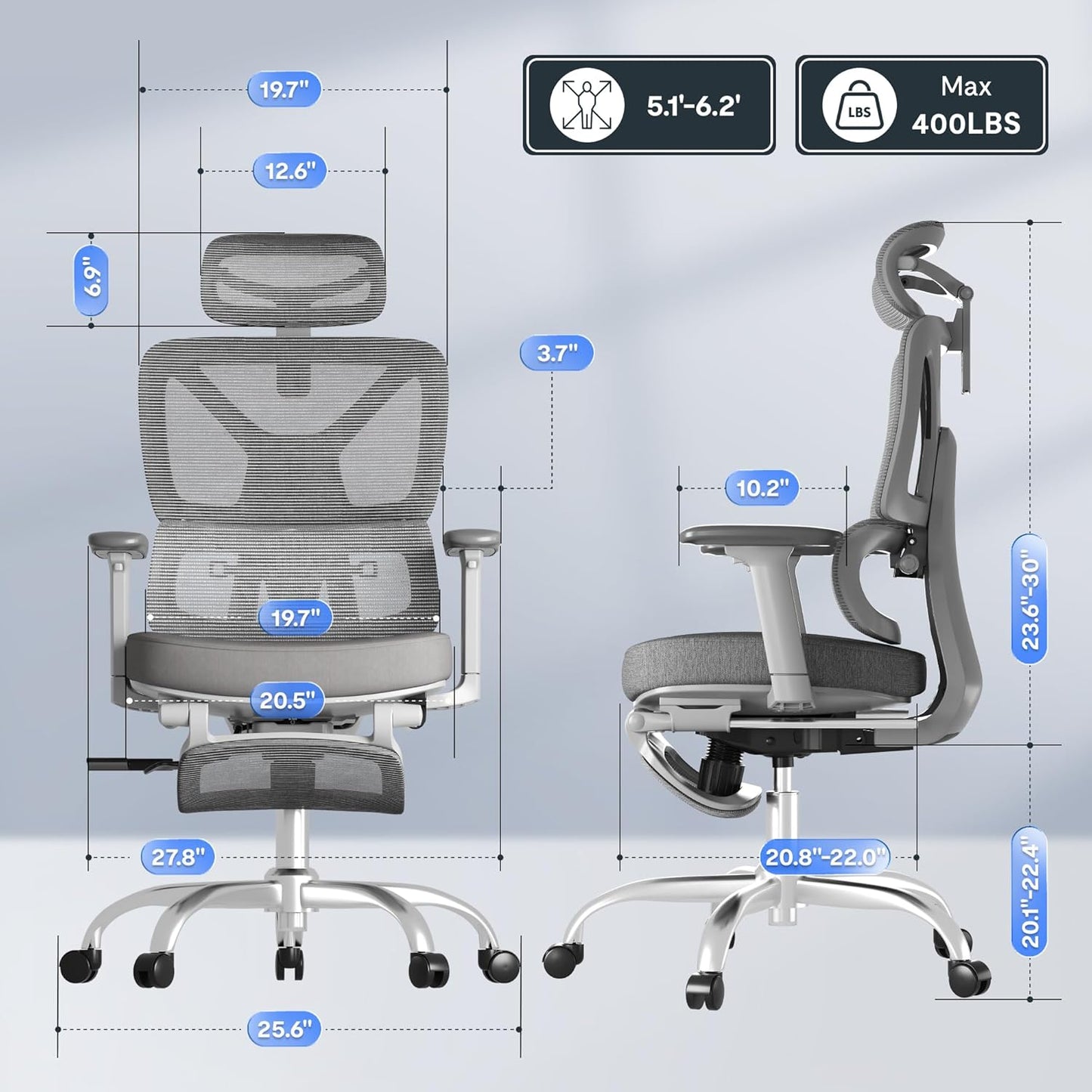 FLEXISPOT ErgoX Premium Ergonomic Office Chair with Footrest- Adjustable 3D Armrests, Dynamic Lumbar Support, Recline & Tilt Function, Mesh Seat, for Home & Office Use,Foam Grey