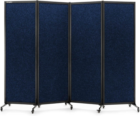 Upgrade Version Room Partition and Divider, Freestanding Rolling Dividers with Wheels,Office Privacy Screen Divider Wall,Classroom Felt Dividers,8'2"L* 6'7"H,4 Panel，Blue