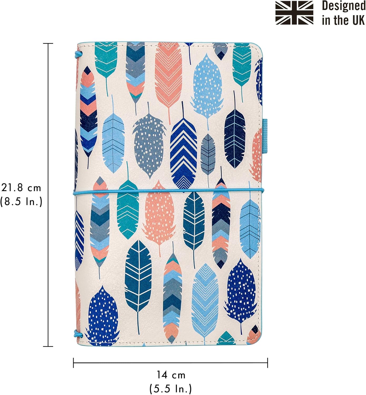 Pukka Pad, Carpe Diem Refillable Traveler’s Notebook Cover – Faux Leather Portfolio with Blank and Lined Notepads – Includes 6 Pockets, Pen Loop, and Elastic Closure – 8.5 x 5.5 Inches, Feathers