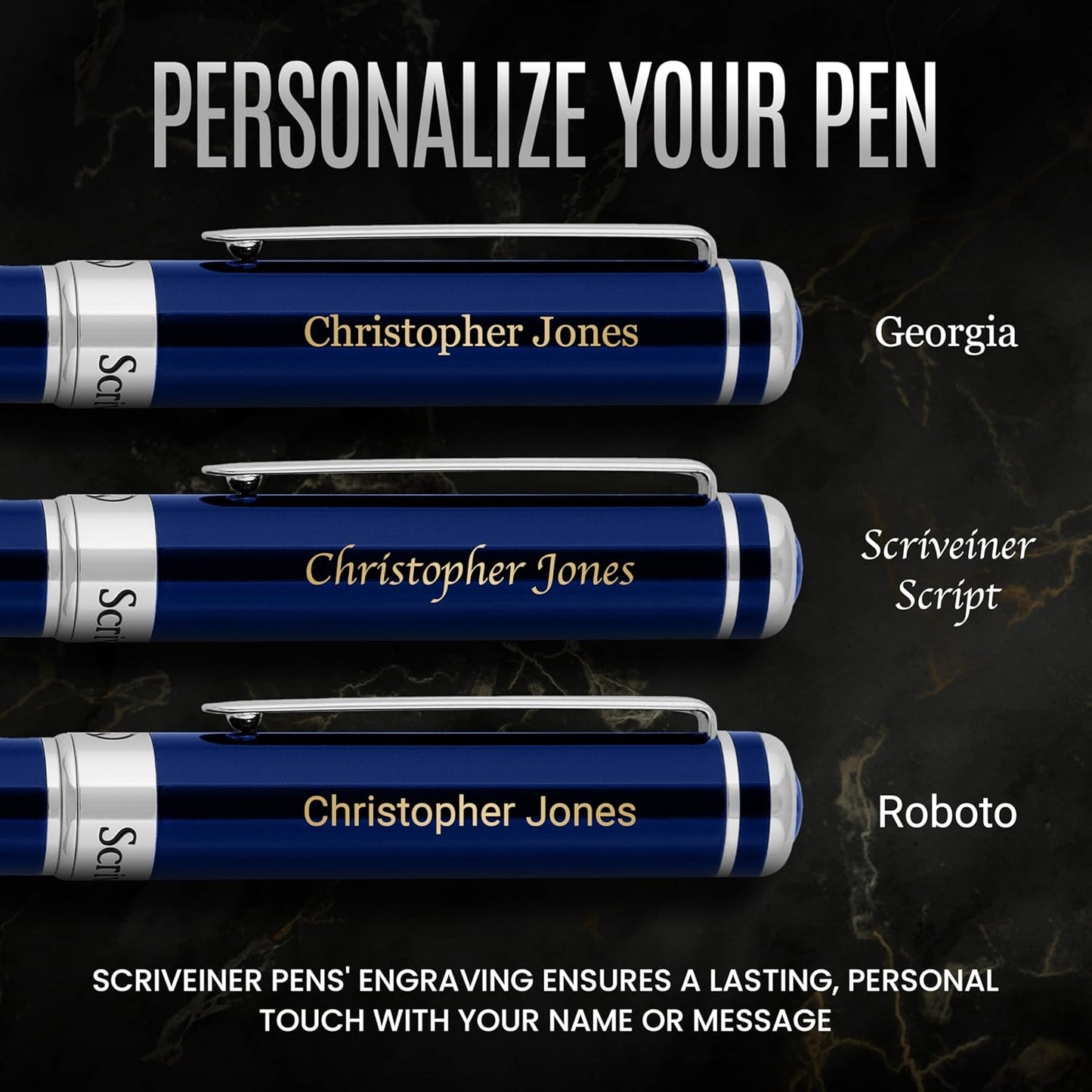 Scriveiner Personalized Midnight Blue Pen - Stunning Blue Lacquer Luxury Pen, Chrome Finish, Schmidt Ink Refill, Best Engraved Roller Ball Gift Set for Men & Women, Custom Name Engraving