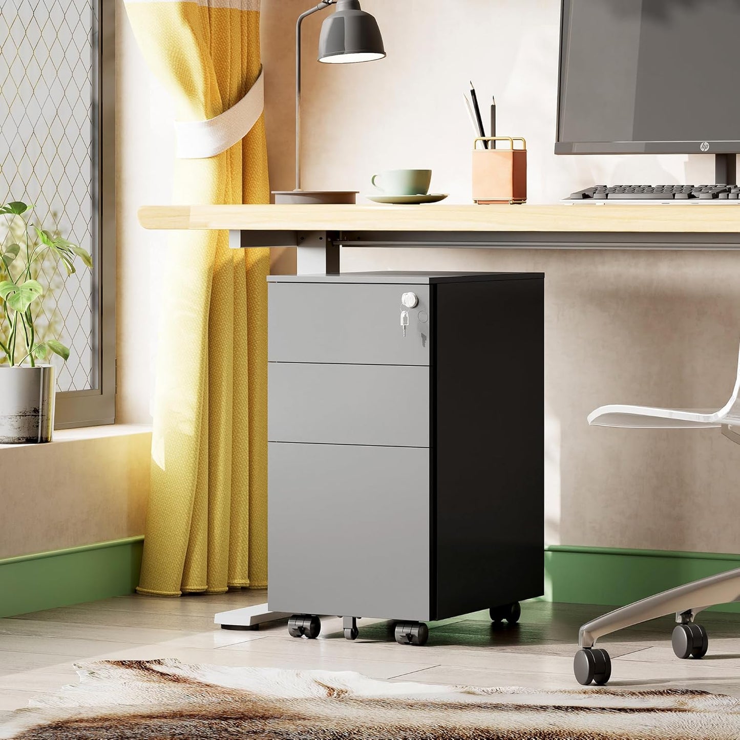 DEVAISE 3 Drawer File Cabinet with Lock, Metal Rolling Filing Cabinets for Home Office, Small Under Desk Cabinet with Slim Width (11.8 inch), Black