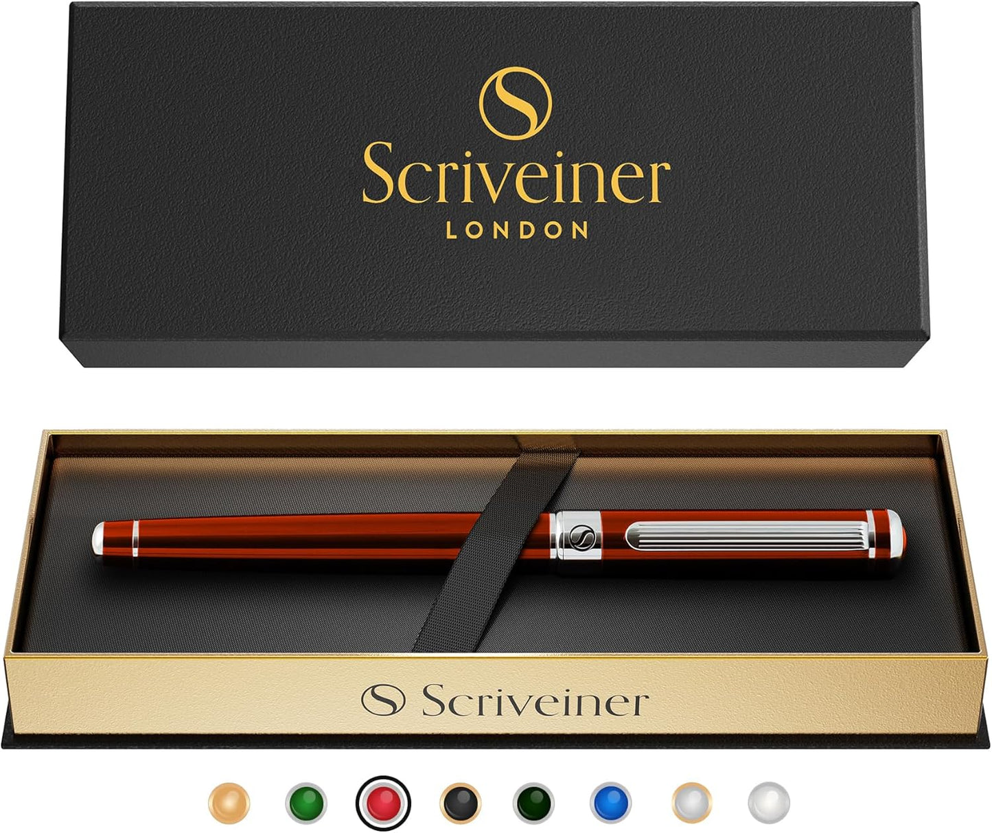 Scriveiner Deep Crimson Red Rollerball - Stunning Red Lacquer Luxury Pen with Chrome Finish, Schmidt Ink Refills, Roller Ball Pen Gift Set for Men & Women, Professional, Executive, Office, Nice Pens