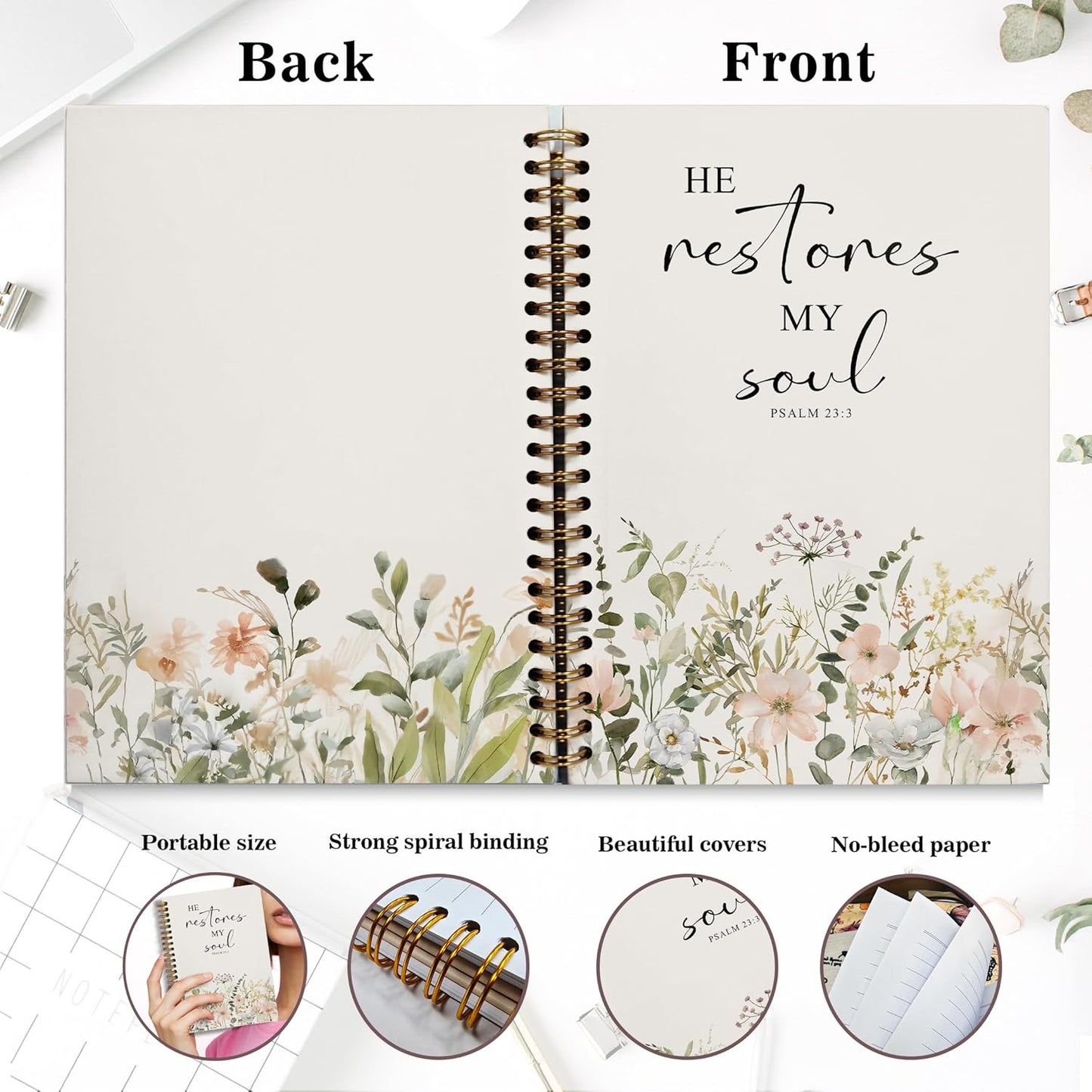 Bible Notebook, A5 Spiral Christian Journal with Floral Notebook, Bible Verse-He Restores My Soul, Inspirational Notebooks for Women, Bible Study, Gift for Birthday Christmas, Office Supplies (White)