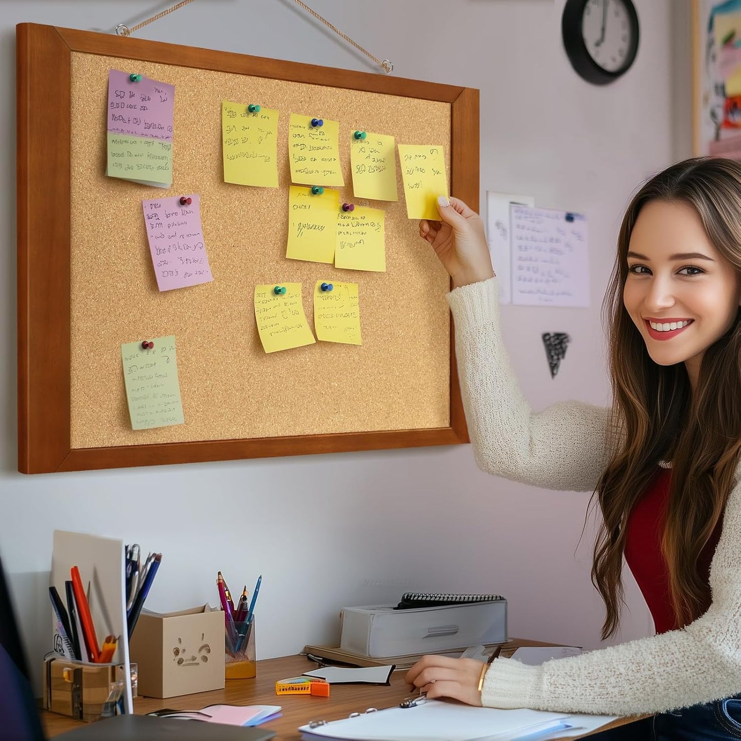 Cork Boards for Wall 16” x 24”, Extra Wide Wooden Framed Bulletin Board, Decorative Hanging Pin Board, Corkboards for Wall Notice Board Memo Board for Home, School, Office, Two-Sides Cork