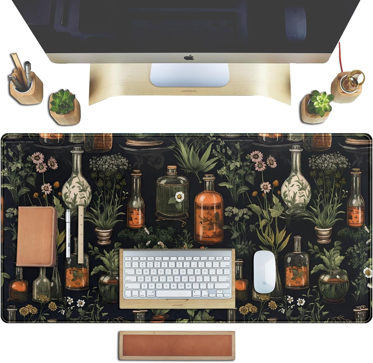 Black Aesthetics Desk Mat Mouse Pad Large Gaming Mouse Pad Desk Pad Mousepad, Mystical Green Plant Computer Laptop Keyboard and Mouse Mat, Desktop Protector Mat for Women Girl Office 31.5x15.8 in