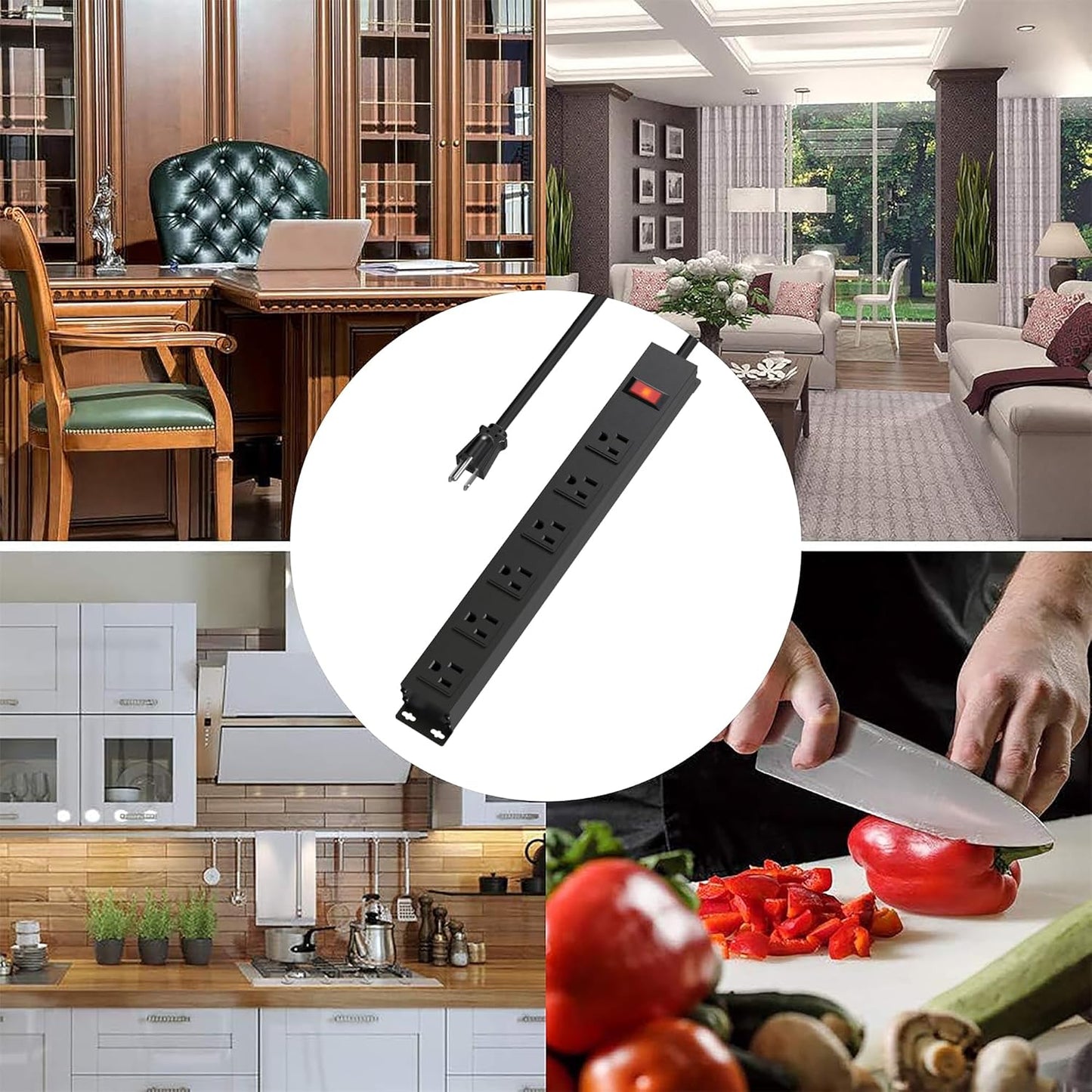 Power Strip with 6AC Outlets Wide Spaced and 14AWG Power Cord,Wall Mount Outlet Power Strip Heavy Duty for Commercial, Industrial, School and Home with Switch,15A 125V 1875W,Black (12FT)