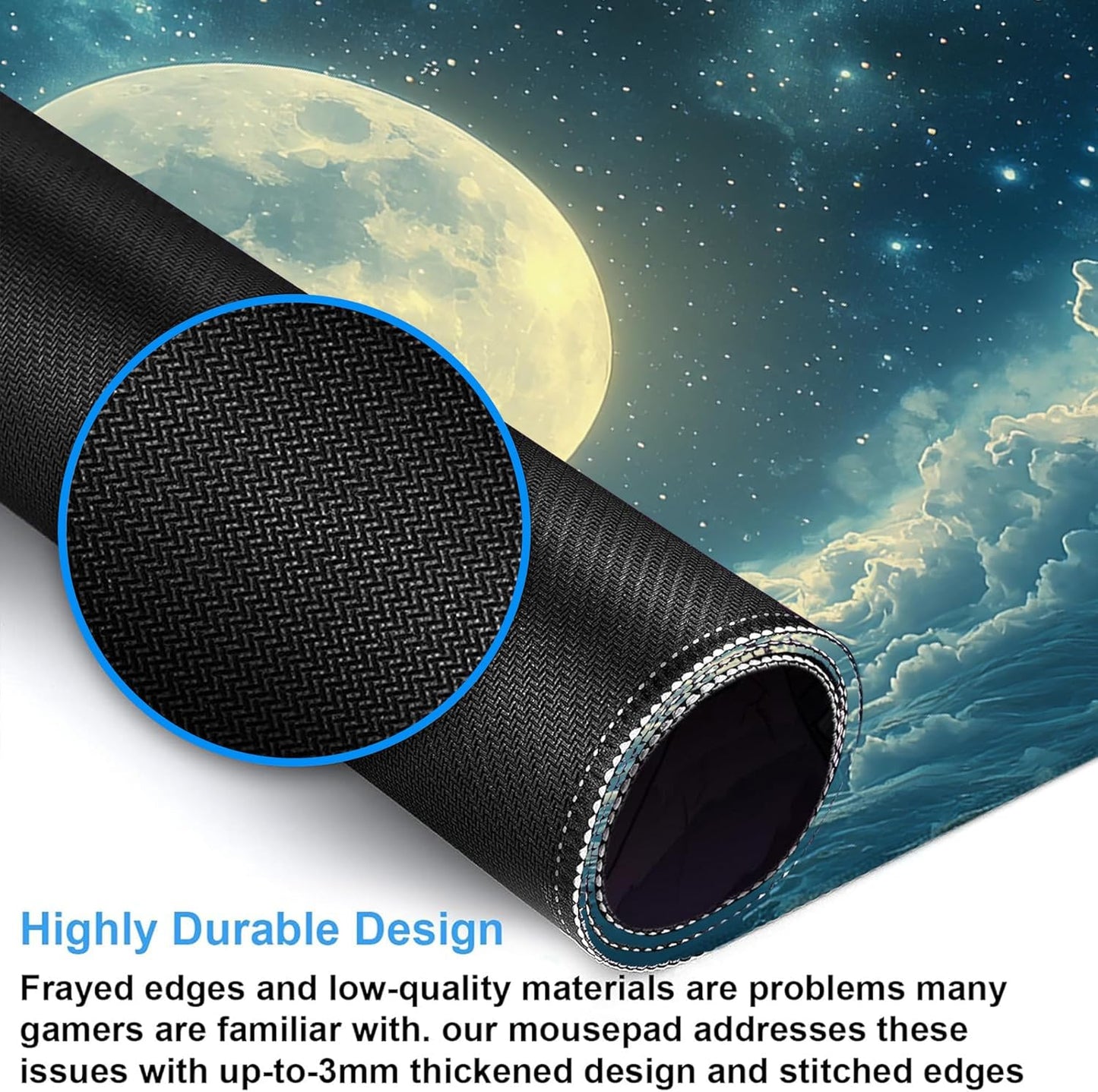 Desk Mat, Moon Floating in Sea Stars Clouds Large Gaming Mouse Pad with Non-Slip Base Stitched Edges,Desk pad for Keyboard and Mouse Home Office 35.4"x15.7"
