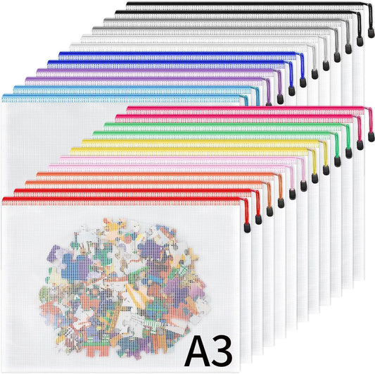 Umriox 24 Pack 12 Colors Zipper Pouches for Organizing, A3 Size (16.9 x 12.4), Big mesh Bags,Zipper Bags for Puzzles & Board Game Storage, Office Supplies Travel Toiletries