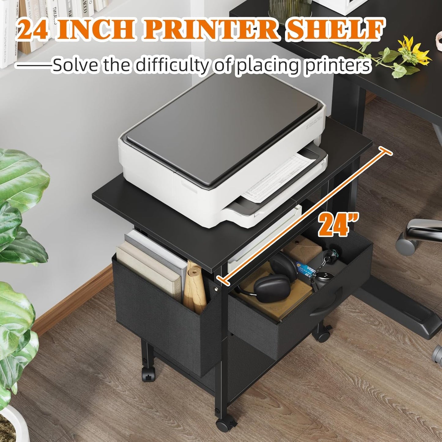 2 Drawer File Cabinet with 24'' Extended Desktop, Mobile Filing Cabinet, Rolling File Cabinet with Side Bag, Fabric Drawer, Fits A4 Size, Home Office, Black