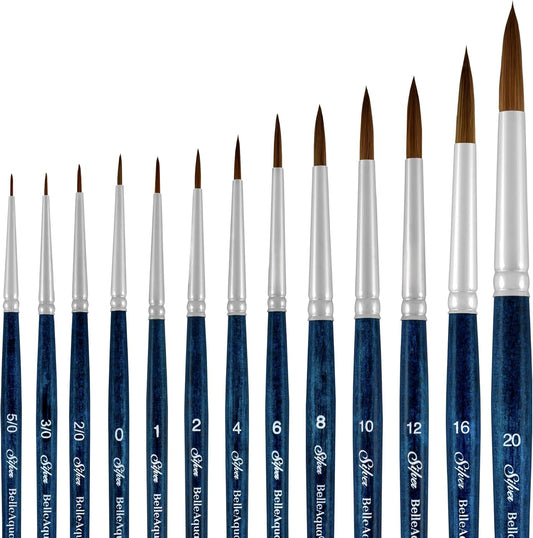 Silver Brush Limited BA-2750S BelleAqua Wet and Wild 13pc Professional Watercolor Brush Set, Soft Synthetic Red Sable Round Paint Brush Set, Sizes 5/0, 3/0, 2/0, 0, 1, 2, 4, 6, 8, 10, 12, 16, & 20