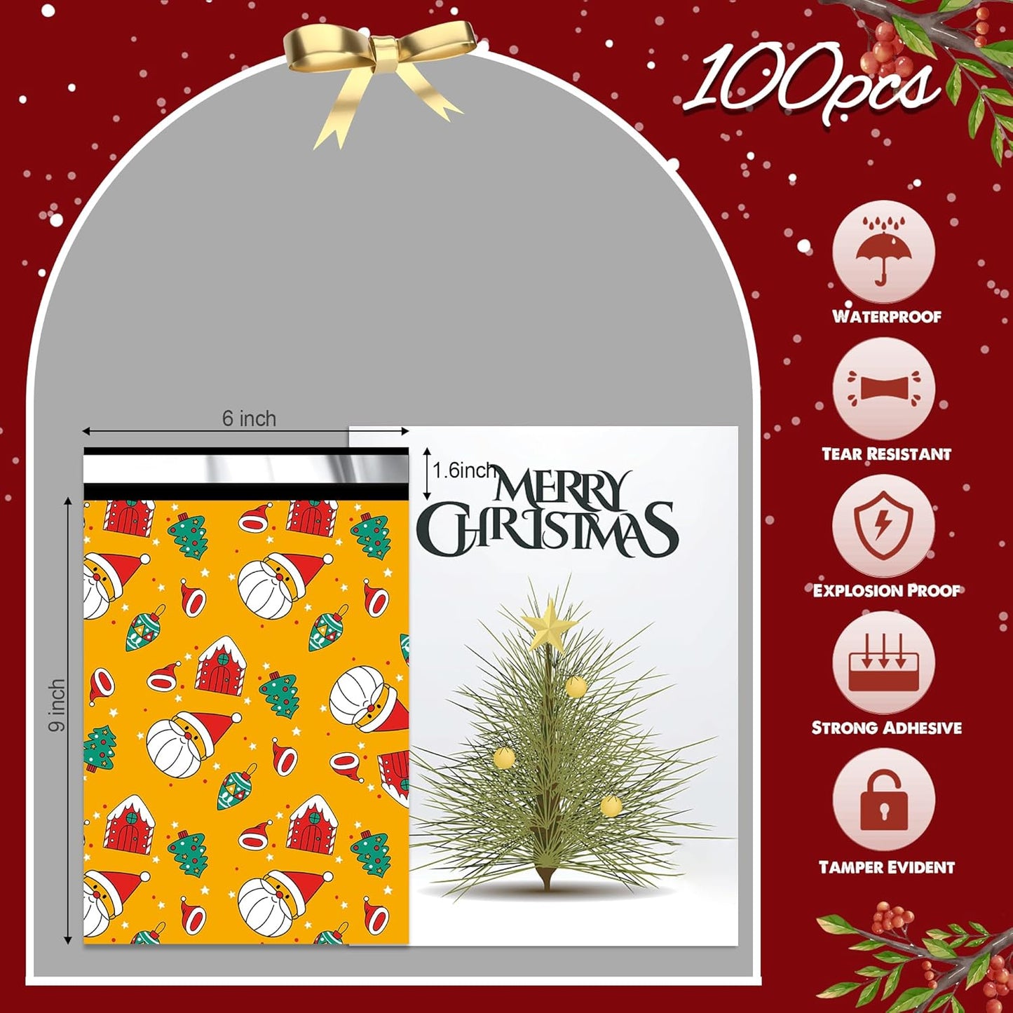 Christmas Poly Mailer 6x9 Inch 100 Pcs, Waterproof Shipping Bags for Clothing, Tear-Resistant Mailier Bags, Strong Mailing Bags with Self-Seal - Santa claus Printed