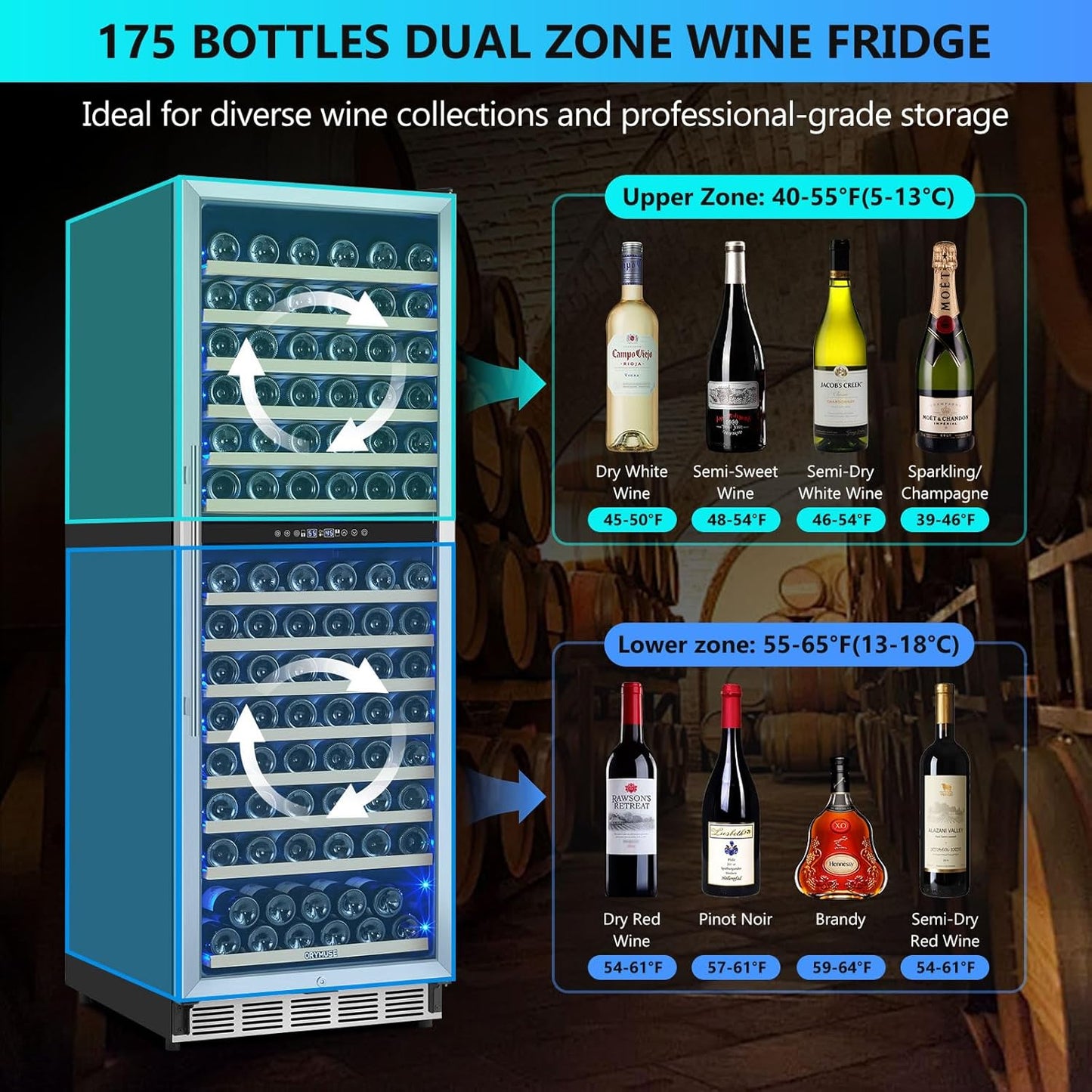 Dual Zone Wine Fridge Freestanding 175 Bottle, 24 Inch Large Capacity Built-in Wine Cooler Refrigerator with Upgraded Compressor Cooling and Intelligent Temperature Memory