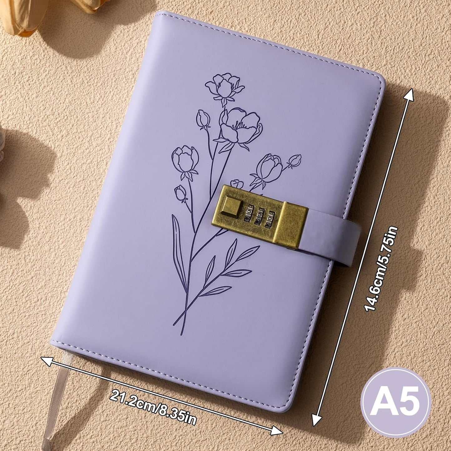Lock Diary for Women Diary with Lock for Girls A5 Leather Locked Journal 260 Pages 100 GSM Refillable Journal with Lock for Teens Secrets Flower Journals with Combination Passwords, 5.7"x8.3", Purple
