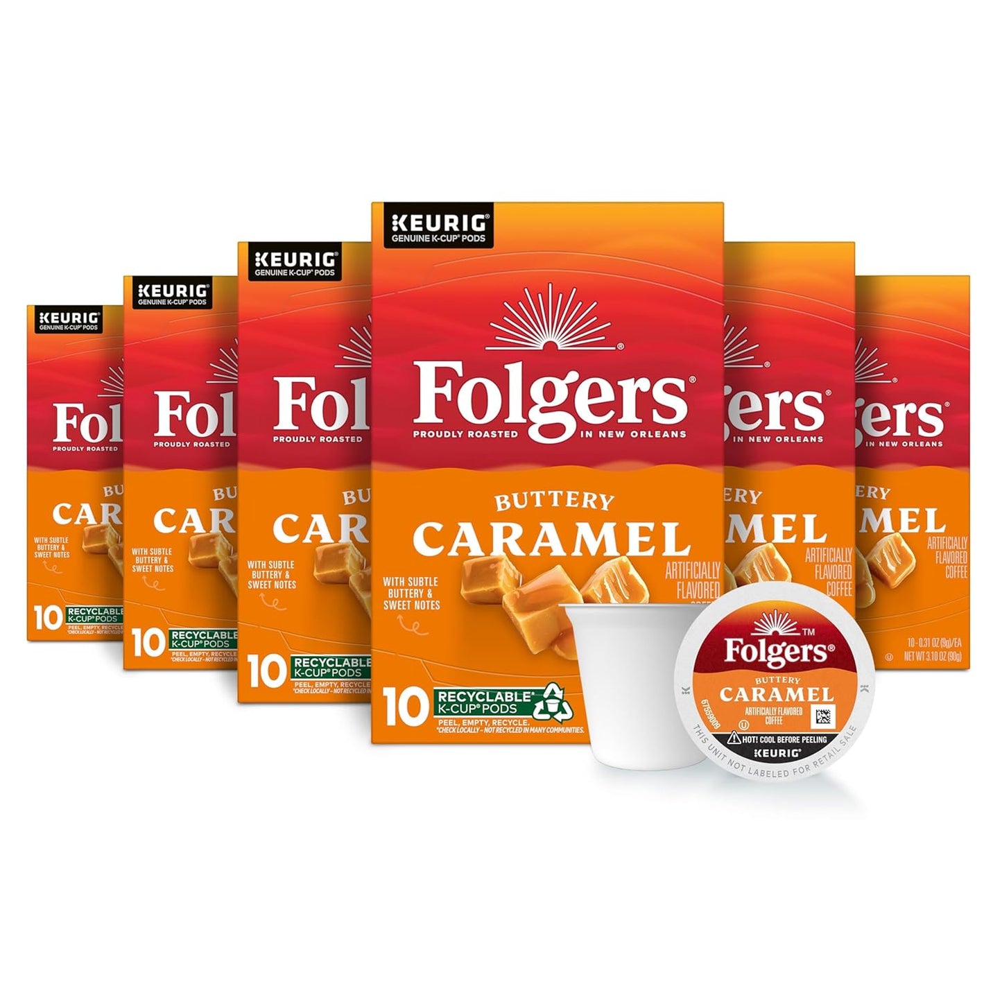 Folgers Buttery Caramel Artificially Flavored Coffee, Keurig K-Cup Pods, 10 Count Box (Pack of 6)