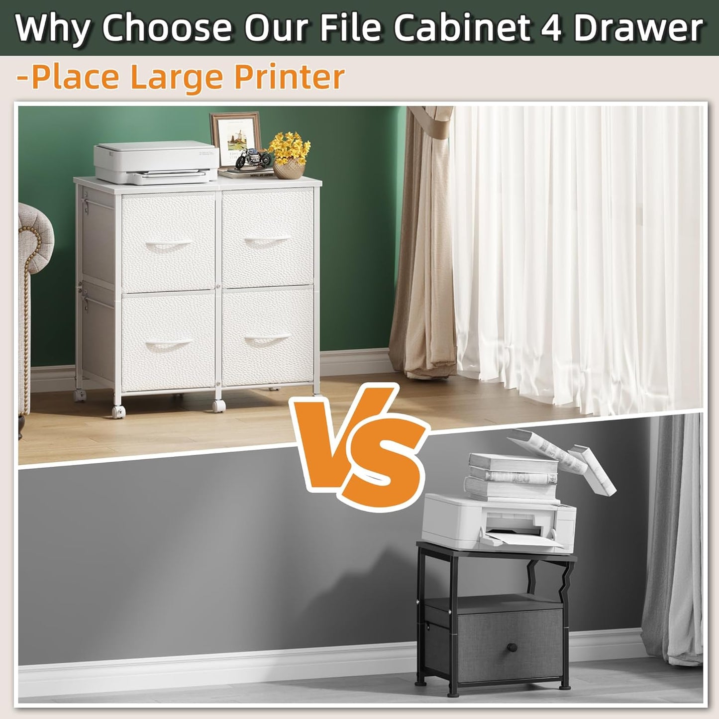 Lateral File Cabinet 4 Fabric Drawer, Mobile Filing Cabinet for Large Printer, Home Office Functional Small Office Storage Cabinet & Printer Stand, Fits A4/Letter Size, White