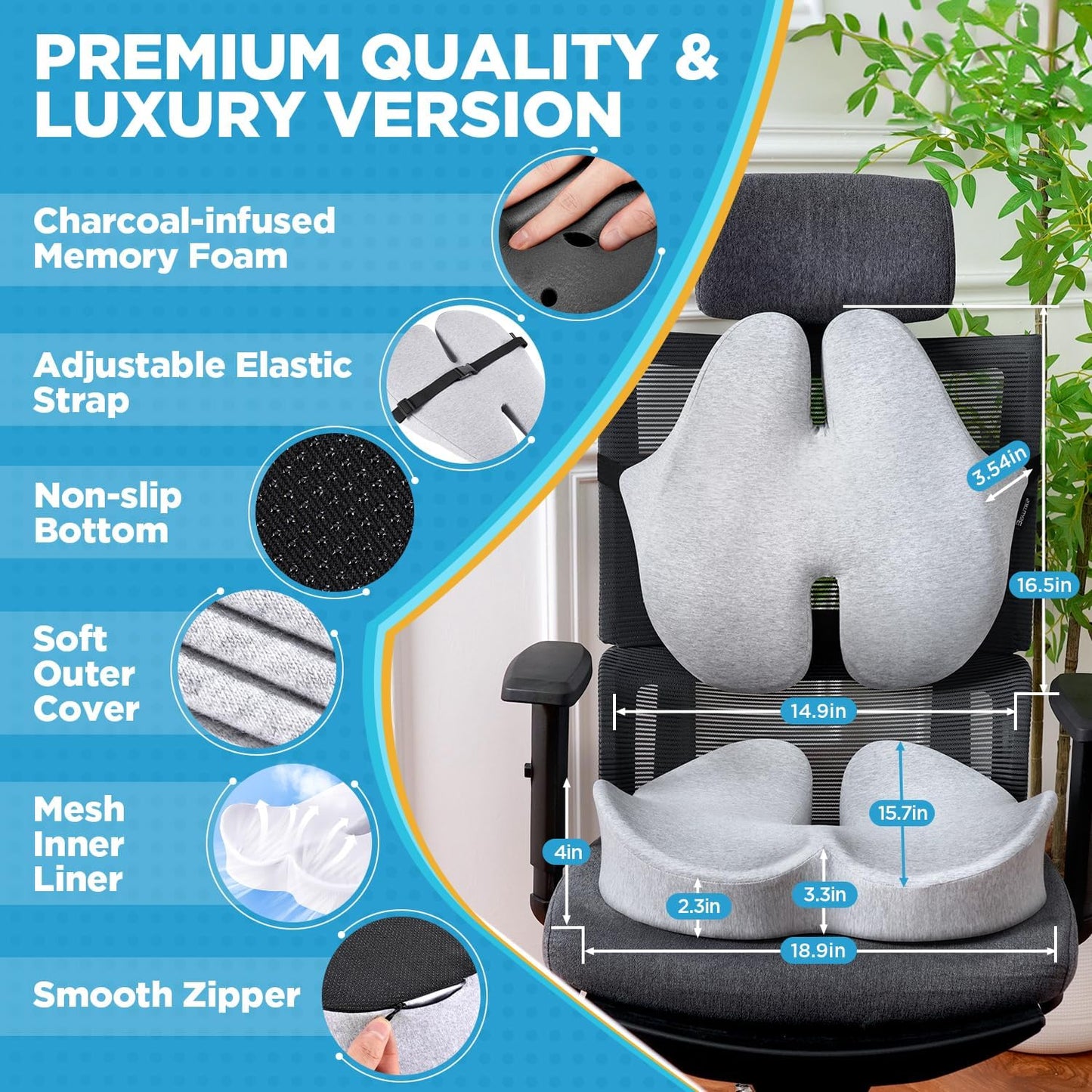 BEAUTRIP Seat Cushion & Lumbar Support Pillow for Office Chair, Car & Wheelchair - Ergonomic Coccyx Cushion for Tailbone, Sciatica & Back Pain Relief - Extra-Dense Charcoal Memory Foam Chair Cushions