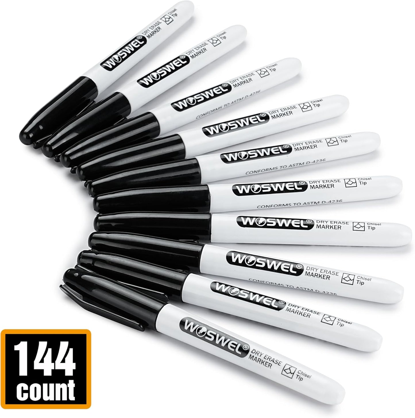 Dry Erase Markers Bulk, 144 Pack Black Chisel Tip Whiteboard Markers, Low Odor Dry Erase Markers for School Office Home