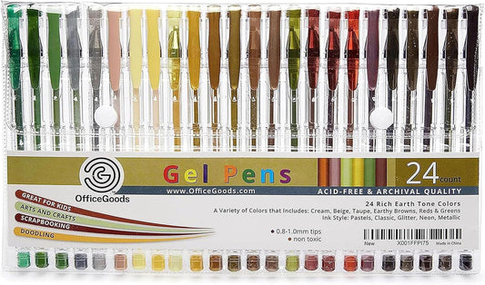 OfficeGoods Brown Earth Gel Pens with Refills – Adult Coloring Journaling Art – Medium 0.8-1.0mm Tips – Non-Toxic Gel Pens Set – Quick Dry Smudge-Free 24 Pack Colors