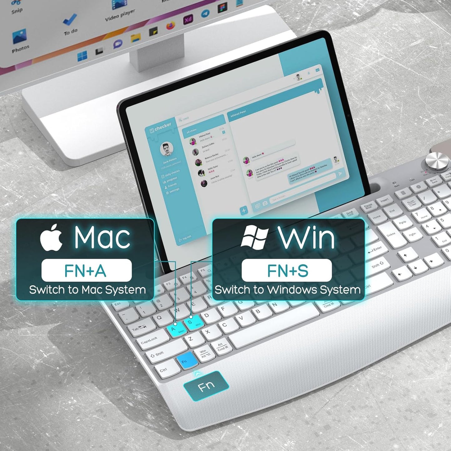 Wireless Keyboard and Mouse - Full-Sized Ergonomic Keyboard with Wrist Rest, Phone Holder, Volume Knob,2.4GHz Silent Cordless Keyboard Mouse Combo for Computer, Laptop, PC, Mac, Windows -White