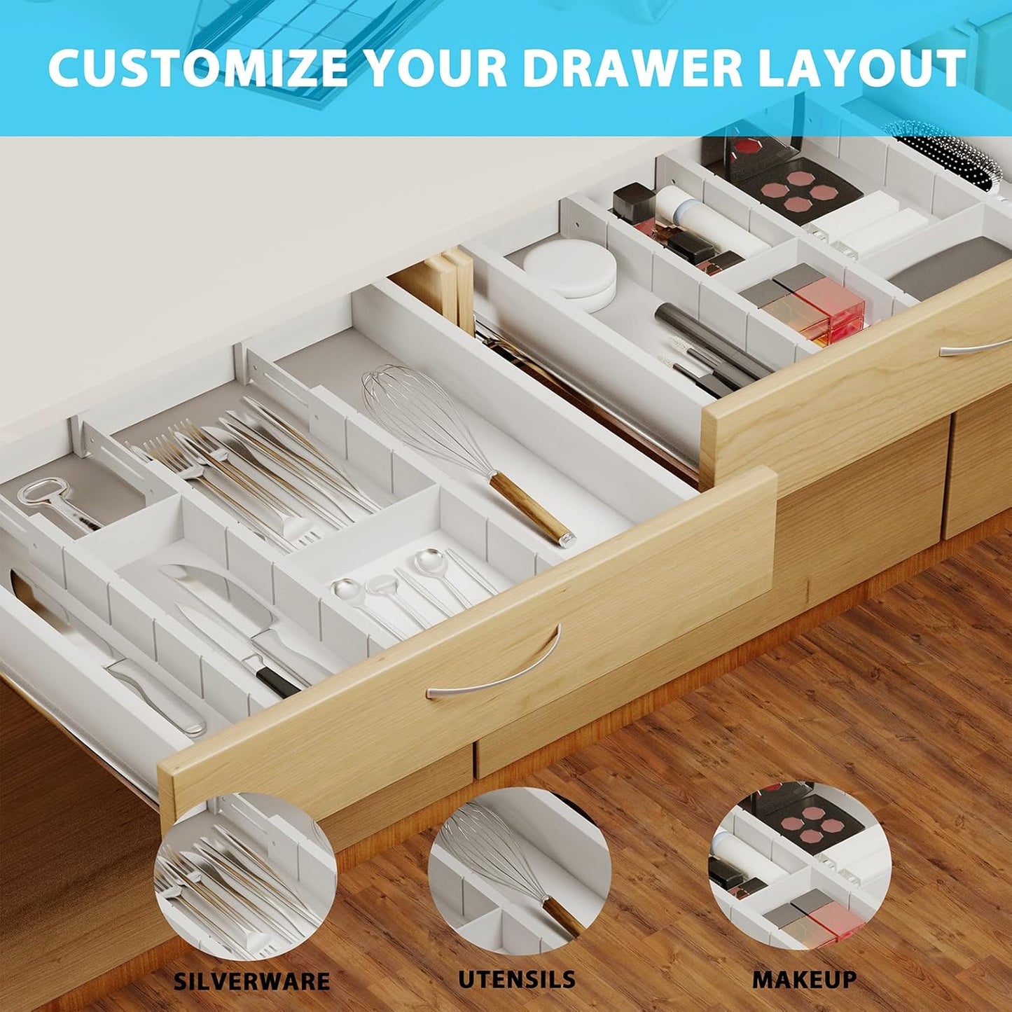 6 Pack Bamboo Drawer Dividers with 12 Inserts, Expandable Adjustable Clothes Drawer Organizers and Storage from 17" to 22" for Kitchen, Bedroom, Dresser, Cosmetics (White)