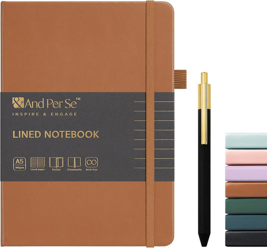 A5 Lined Leather Journal and Pen Set, Hardcover Notebook with Pen, 160 Pages 100gsm Thick Ruled Paper for Men Women, for Work, Business, School or Home Writing, 5.7'' x 8'' (Light Brown-Set1)