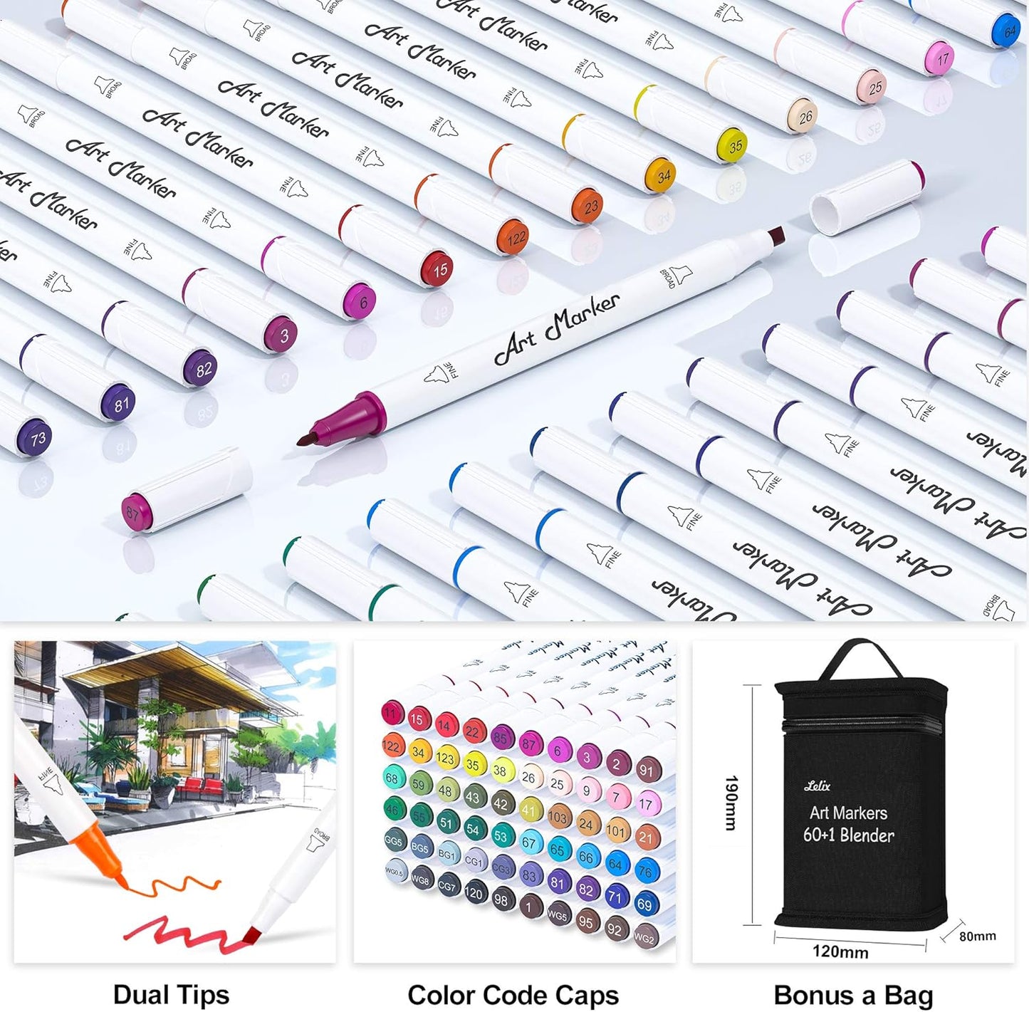 Lelix 61 Colors Alcohol Art Markers, 60 Colors Plus 1 Blender Dual Tip Permanent Marker Pens Highlighters Perfect for Kids Adults Artist Drawing Sketching Card Making & Coloring Books