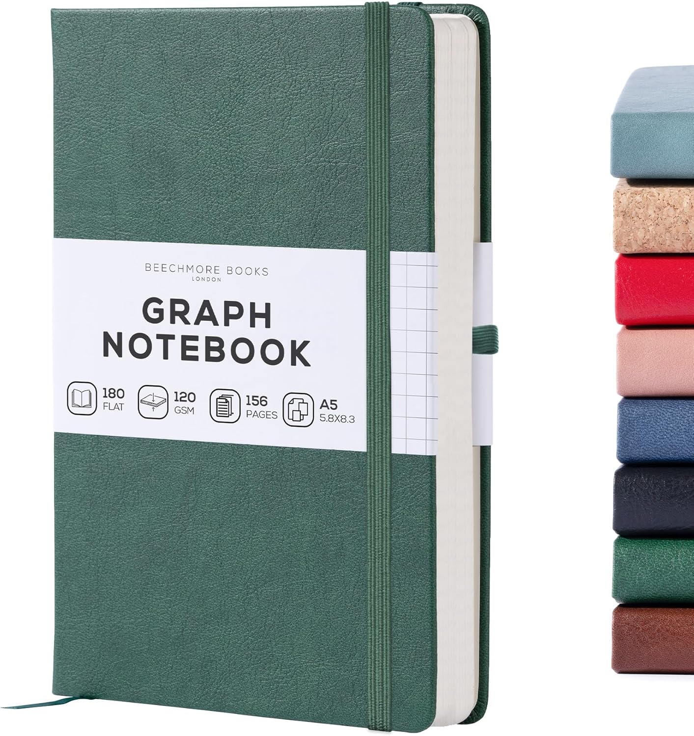 BEECHMORE BOOKS Graph Paper Notebook - Regular, Green | Premium Square Grid Math & Science Journal | 5.75" x 8.25" Hardcover Vegan Leather | Thick 120gsm Cream Graph Paper | Gift Box for Men & Women
