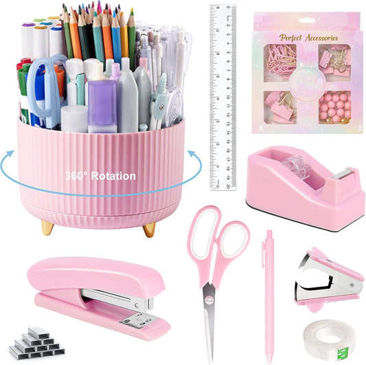 Pink Desk Accessories, Pink Office Supplies 360°Pen Holder Desk Organizers and Accessories with Tape Dispenser, Stapler, Staple Remover, 1000 Staples, Tape, Clips Set, Ruler, Scissor, Pen