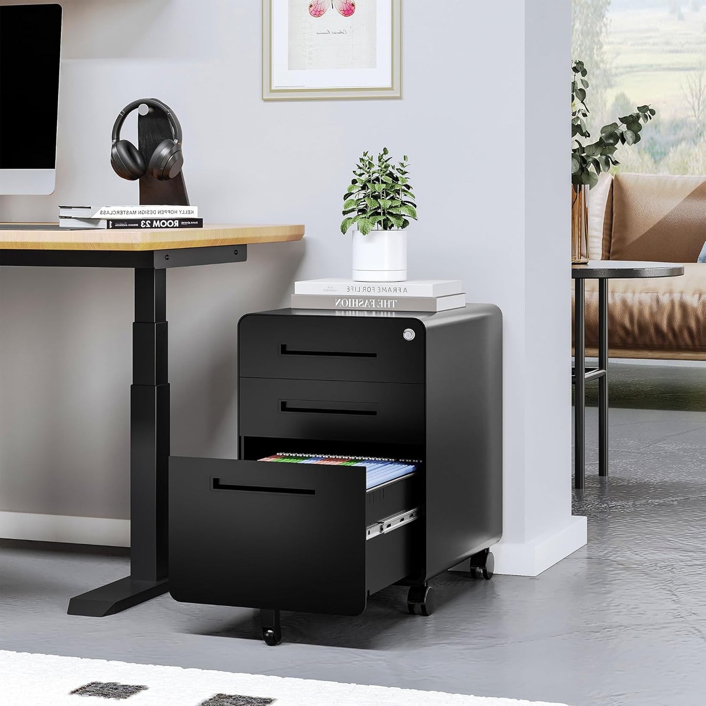 STANI 3 Drawer Filing Cabinet, Metal Filing Cabinet Legal/Letter Size with Lock, Mobile Storage Cabinet for Home and Office, Fully Assembled Except Wheels