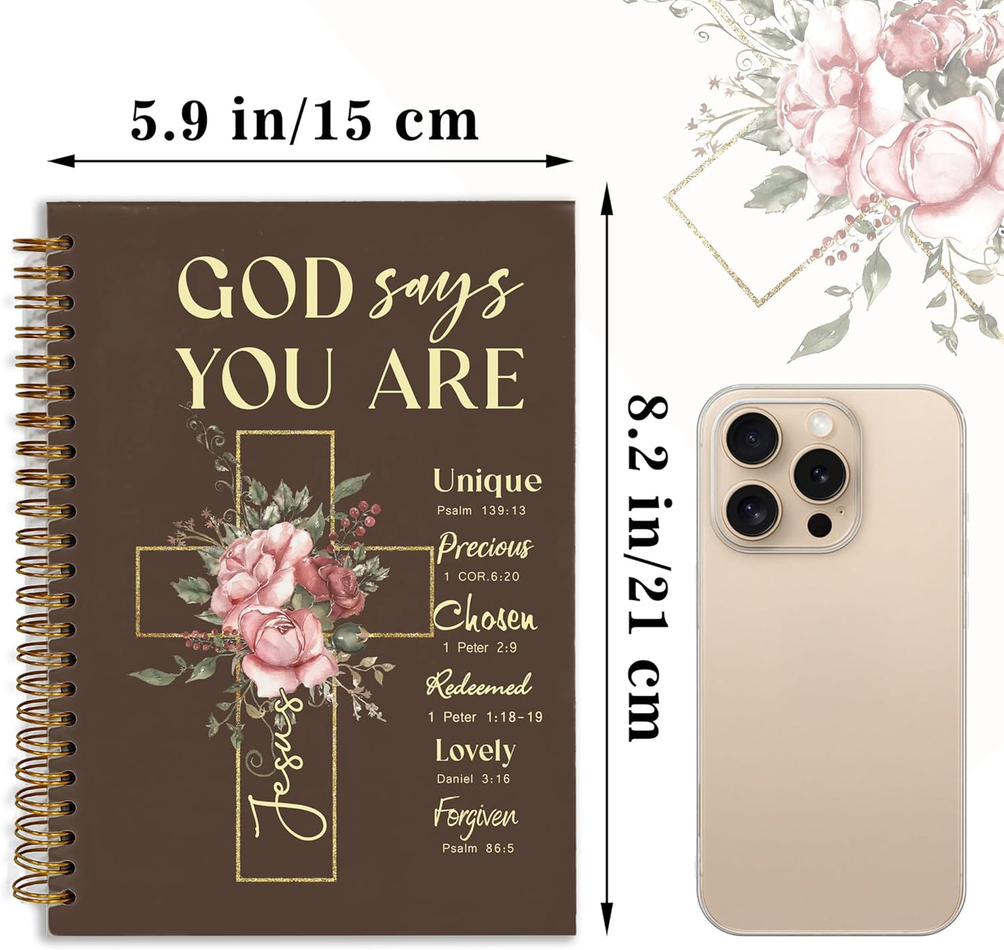 Bible Notebook, A5 Spiral Christian Journal with Floral Notebook, Bible Verse-God Says You Are, Inspirational Notebooks for Women, Bible Study, Gift for Birthday Christmas, Office Supplies (Brown)