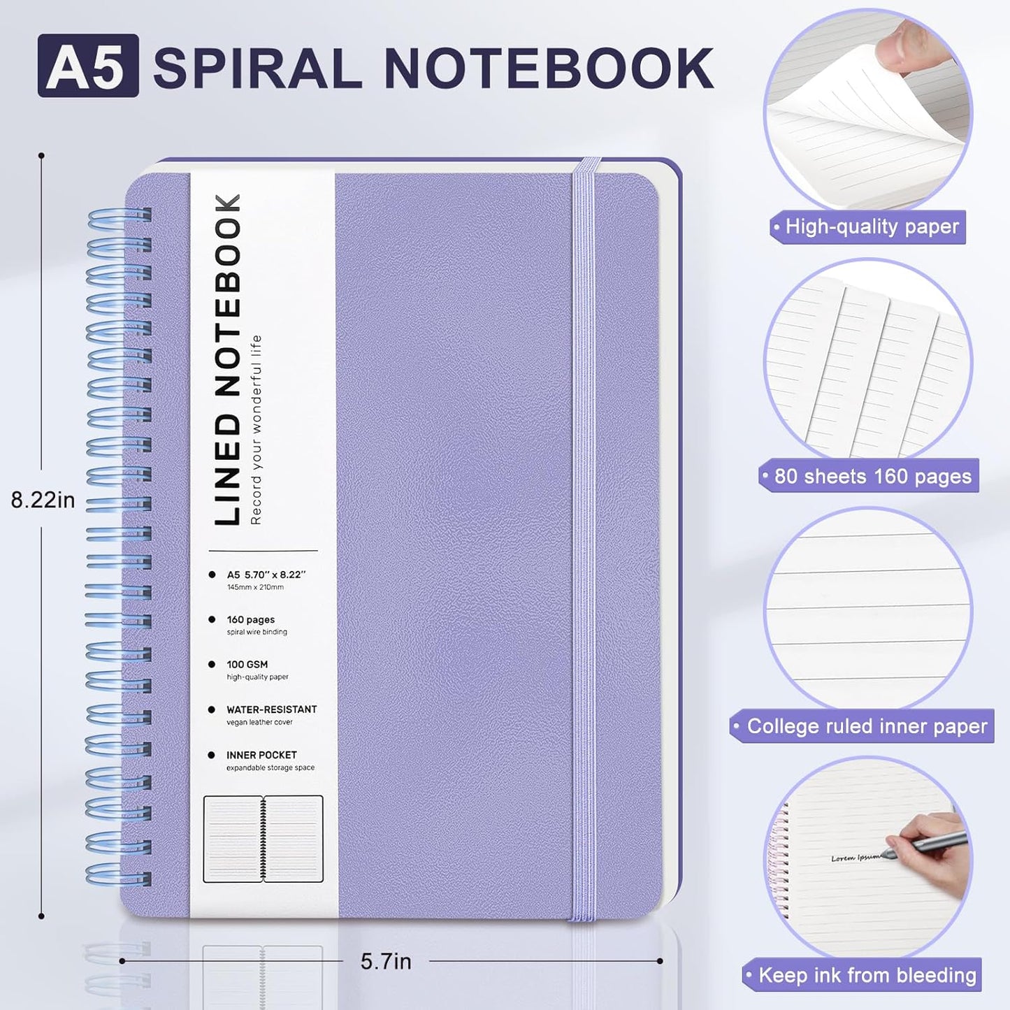 Lined Spiral Journal Notebook, A5 Hardcover Leather Notebook for Work, 5.7''×8.2'', 100GSM Thick Paper Spiral Bound Journaling Notebooks for Women & Men Office School Note Taking Business, Purple