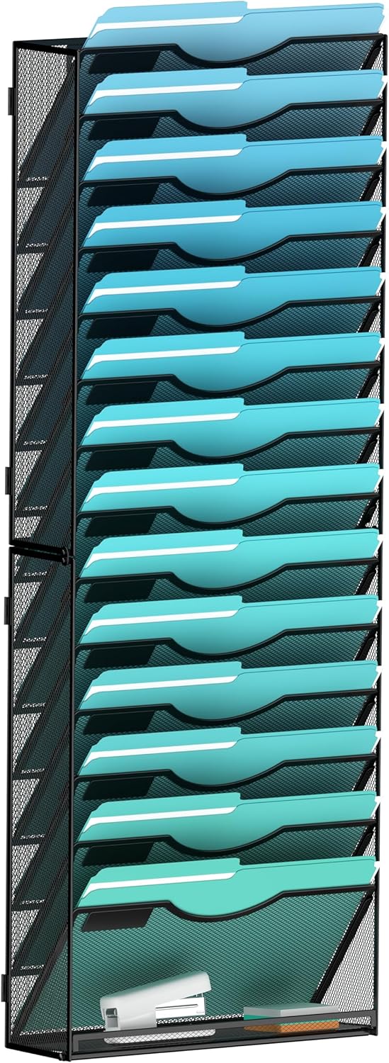 15-Tier Wall File Organizer Hanging Wall File Holder Wall Mount Paper Folder Organize, Mesh Magazine Document Mail Organizer Wall Organizer for Office School Home, Black