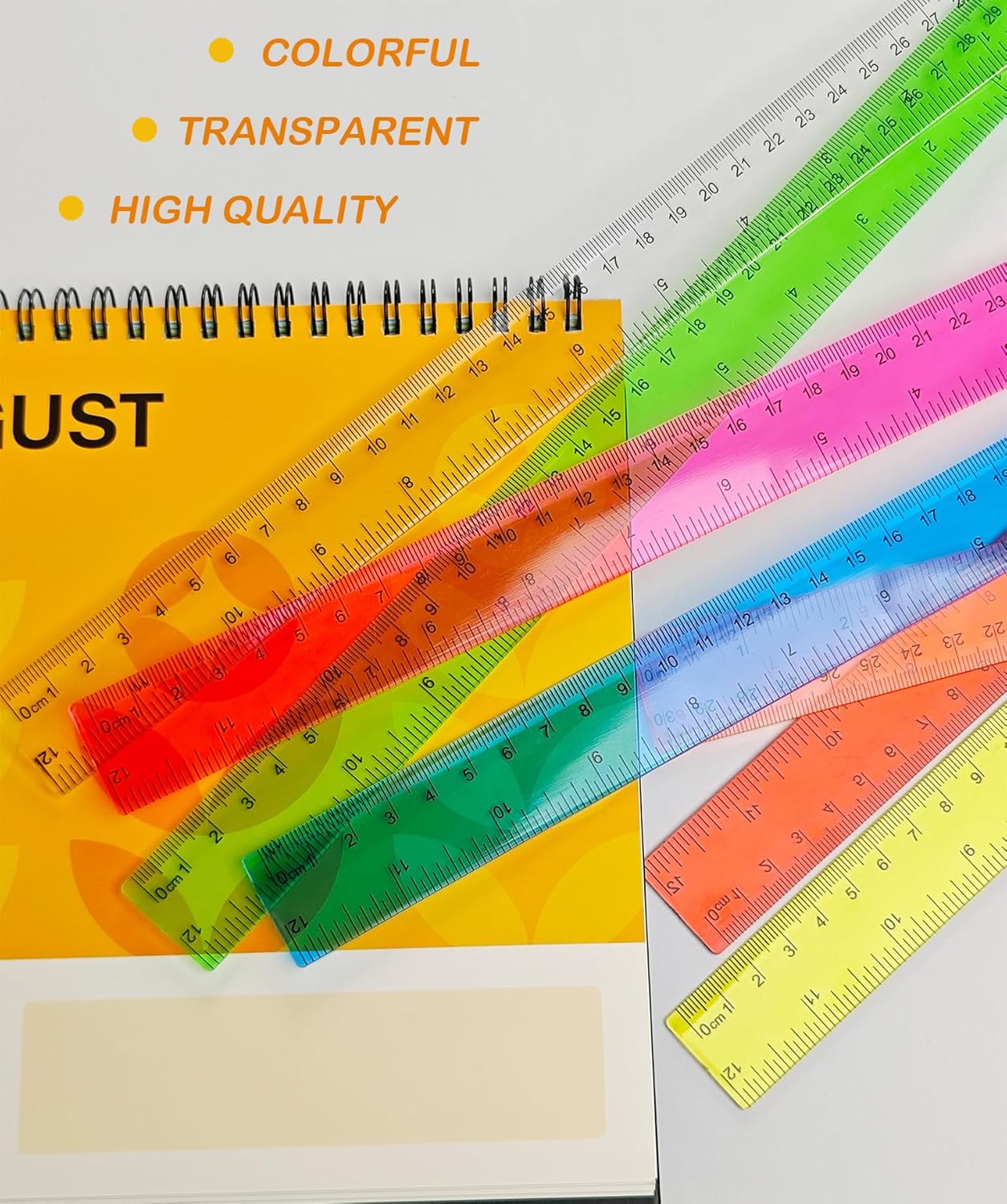 Transparent Plastic Rulers for Students, 12 Inch with Centimeters and Millimeters Scale, Assorted Colors, 8 Pack