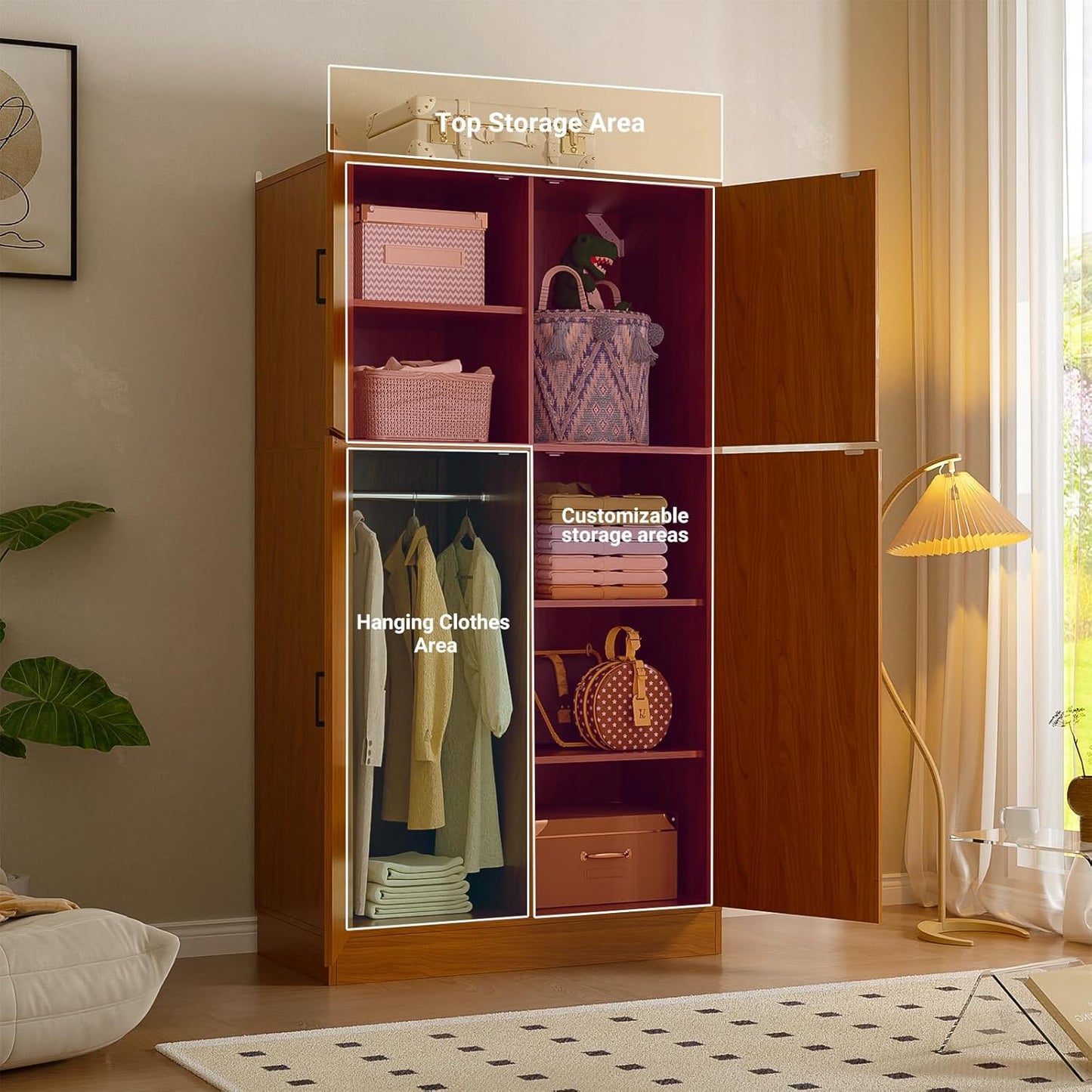 Unikito 71'' Farmhouse Wardrobe Closet with Hanging Rod, 4 Barn Door Storage Cabinet with Adjustable Shelves, Freestanding Closet Wardrobe Cabinet for Bedroom Living Room Office, Highland Oak