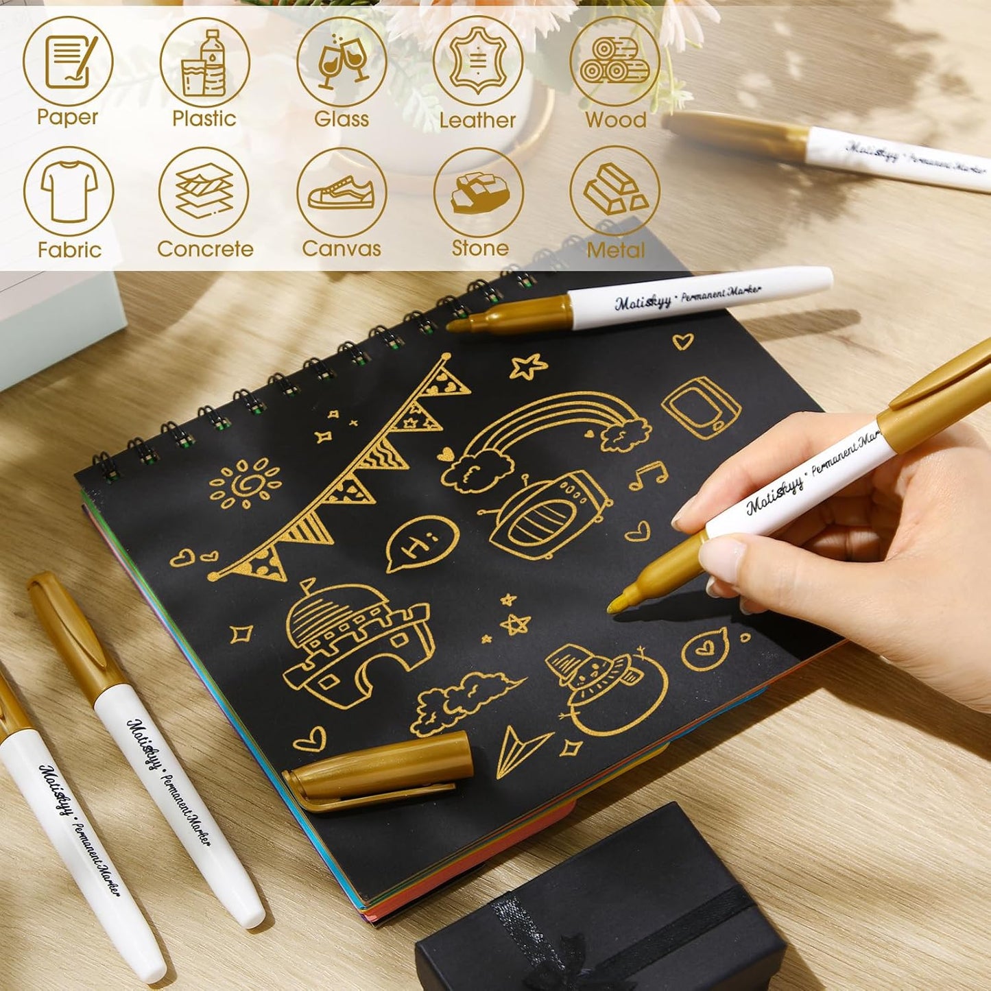 24 Pcs Metallic Permanent Markers Bulk Gold Fine Point Metallic Paint Markers for DIY Crafts, Gift Card Making, Artist Illustration (Gold)